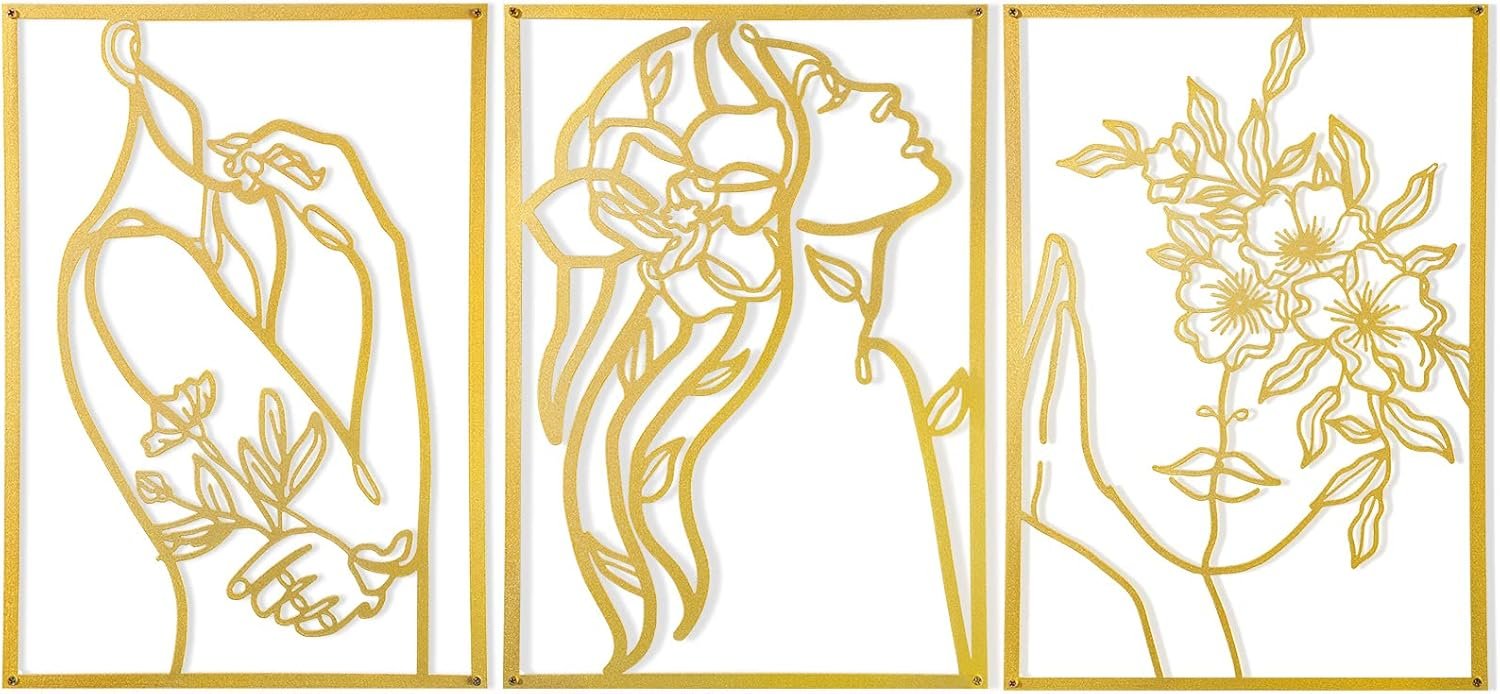AGIOTA 3 Pcs Gold Metal Wall Decor, Minimalist Floral Women Line Drawing Wall Art, Elegant Abstract Lady Silhouette Metal Wall Hanging for Home Bedroom Living Room