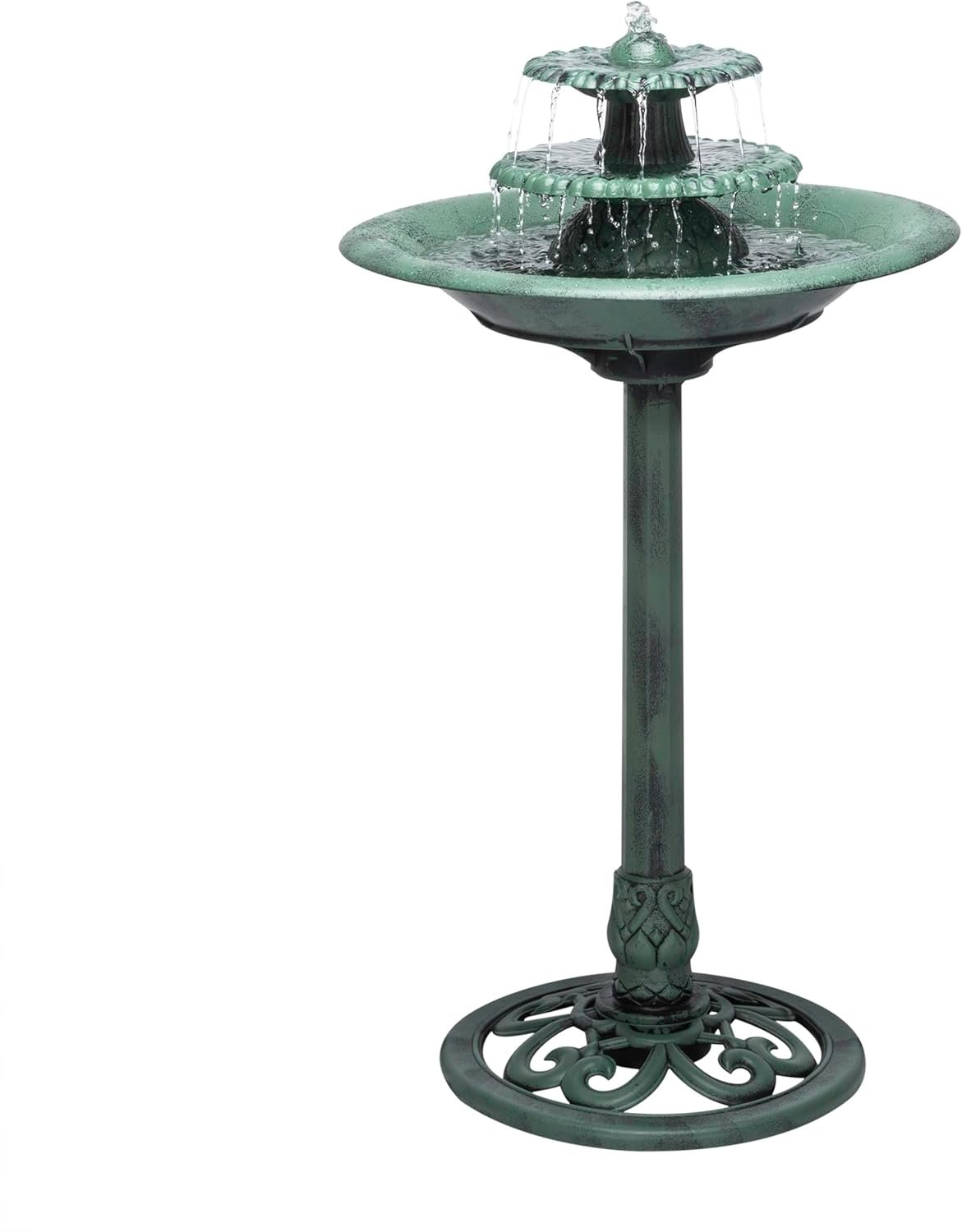 Alpine Corporation 35″ Tall 3-Tier Outdoor Pedestal Water Fountain – Durable Resin Cascading Water Feature and Birdbath for Garden, Patio, Deck, and Backyard, Green