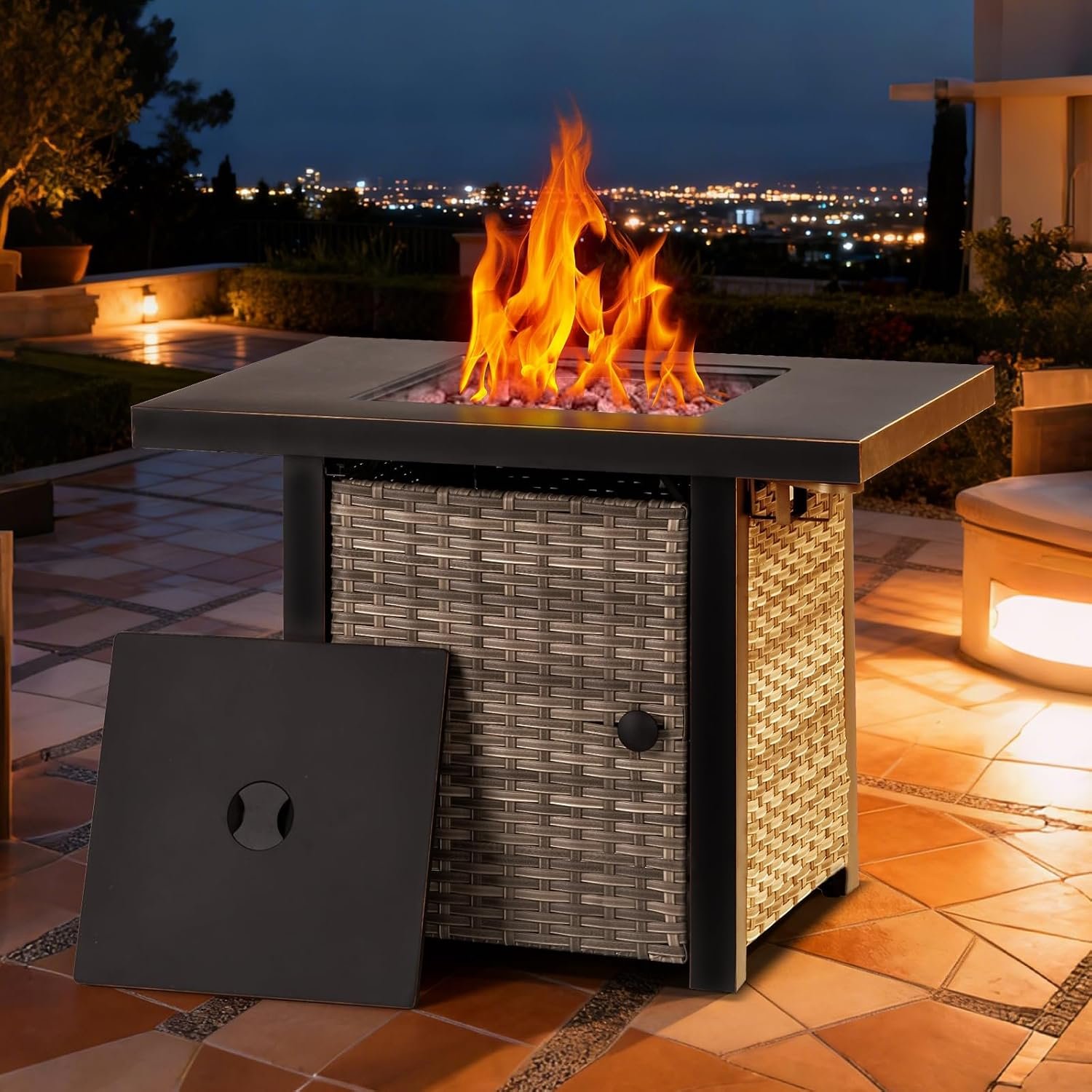 OutVue 32 Inch Propane Fire Pit Table, Outdoor Gas Fire Pits with 2 Drink Holders, Lid & Lava Rock, 50000 BTU Firepit Table for Dinning, Party in Outside, Patio, Garden or Yard
