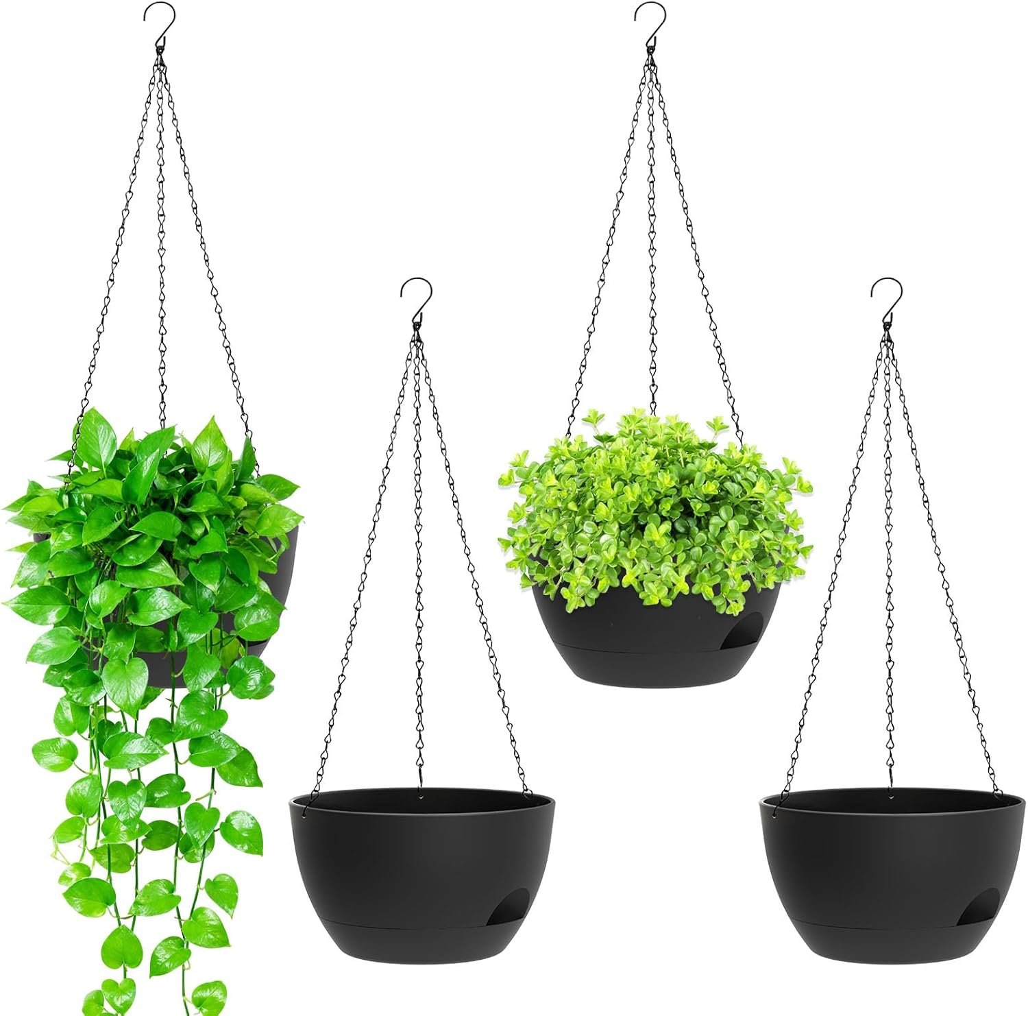 8 Inch Hanging Planters for Indoor Outdoor Plants, 4 Pack Black Plastic Self Watering Hanging Baskets with Drainage Holes and Chain for Garden Porch