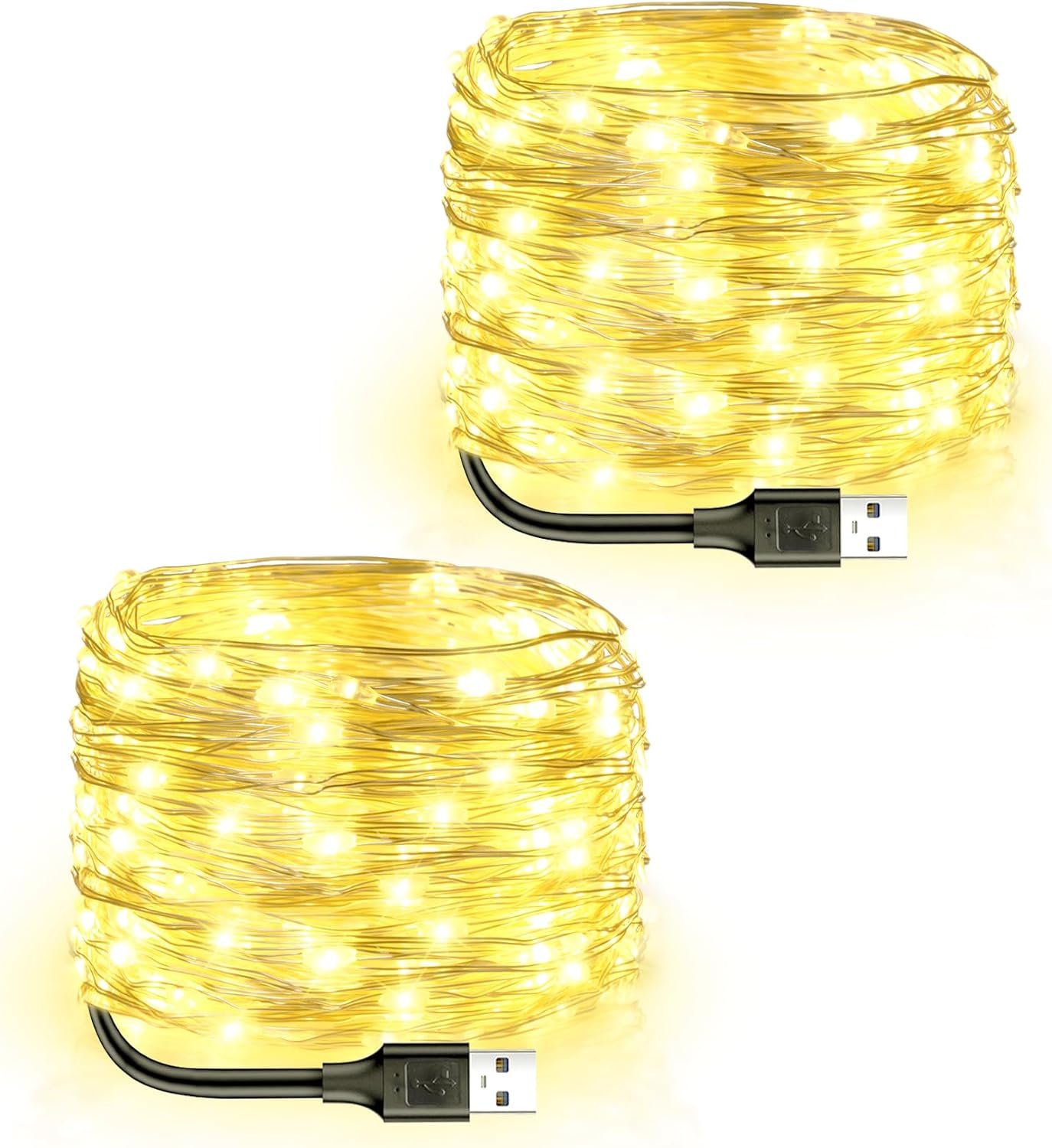 Blingstar USB Powered Fairy Lights, 2 Pack 33Ft 100 LED, Flexible Silver Wire, Mini String Lights for Christmas Tree/Bedroom/Camping/Holiday Indoor Decoration, Warm White