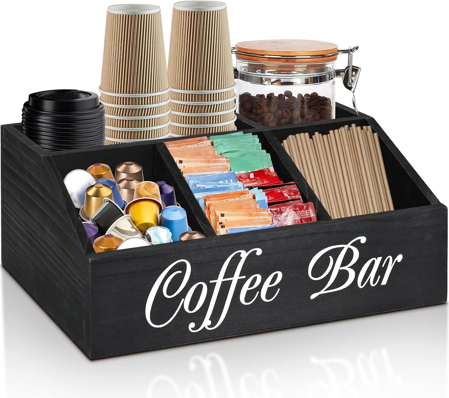 Coffee Station Organizer for Counter, Wood Coffee Pods Holder Storage Basket, Tea Condiment Storage Organizer, Rustic Coffee Bar Decor for Coffee Accessories Organizer