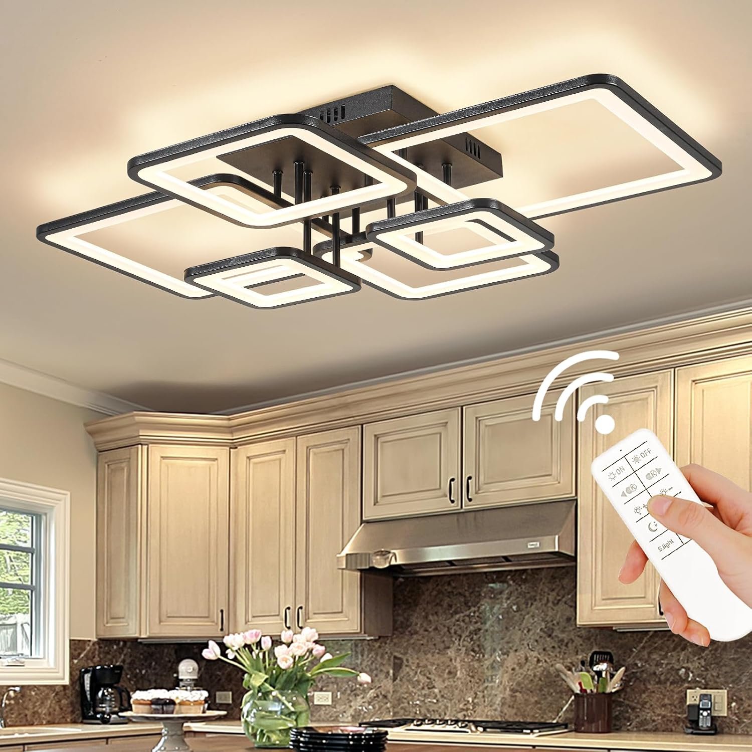 Shine LUEST Modern LED Ceiling Light Fixture Black Kitchen Lighting Fixtures Ceiling for Bedroom 31.5″ Dimmable 6 Ring Square Ceiling Light for Kitchen with Remote Control for Living Room,Dining Room