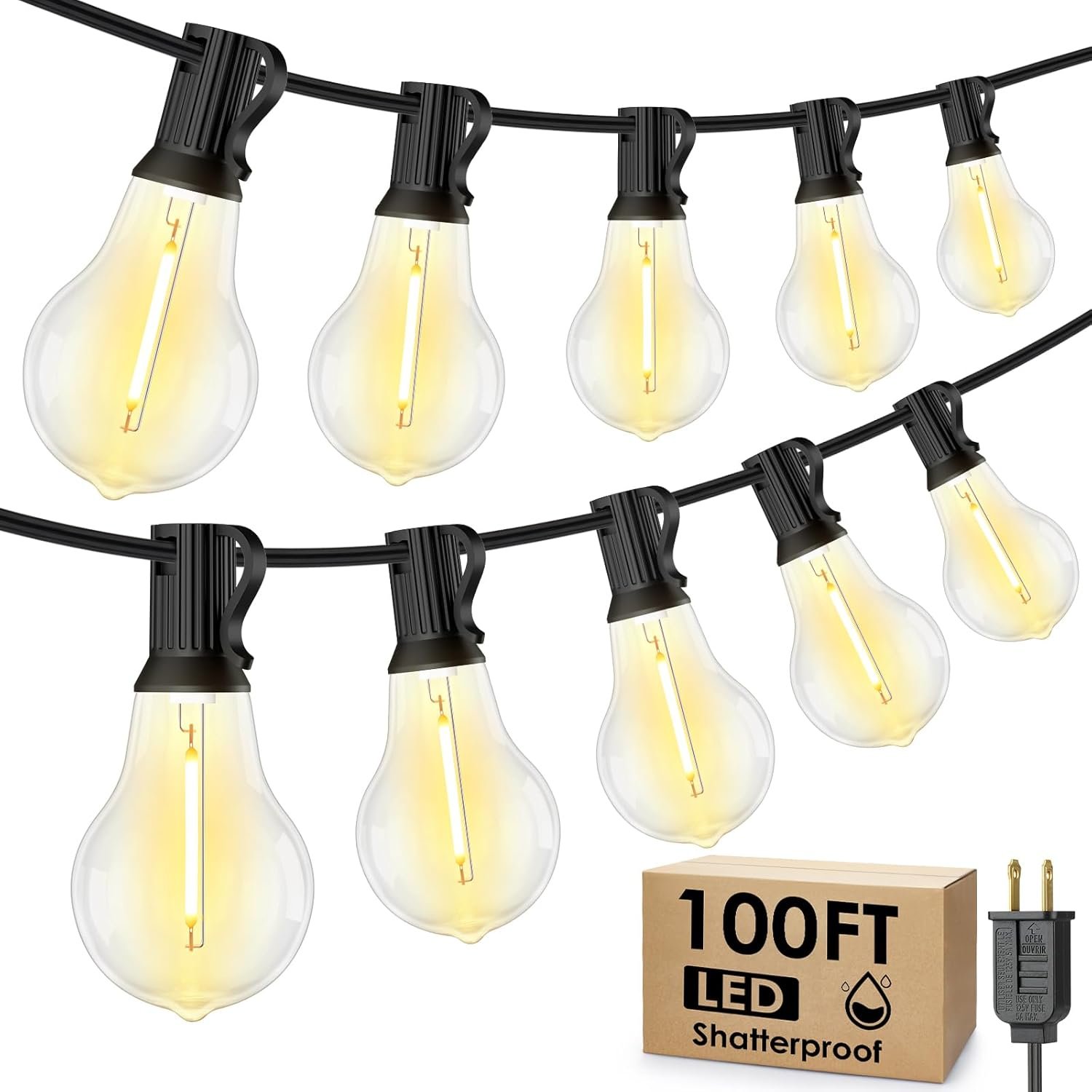 Larkvue 100FT LED Outdoor String Lights, Waterproof Patio Lights with 32 Shatterproof Dimmable 2700K A39 Bulbs Hanging Lighting for Outside Backyard
