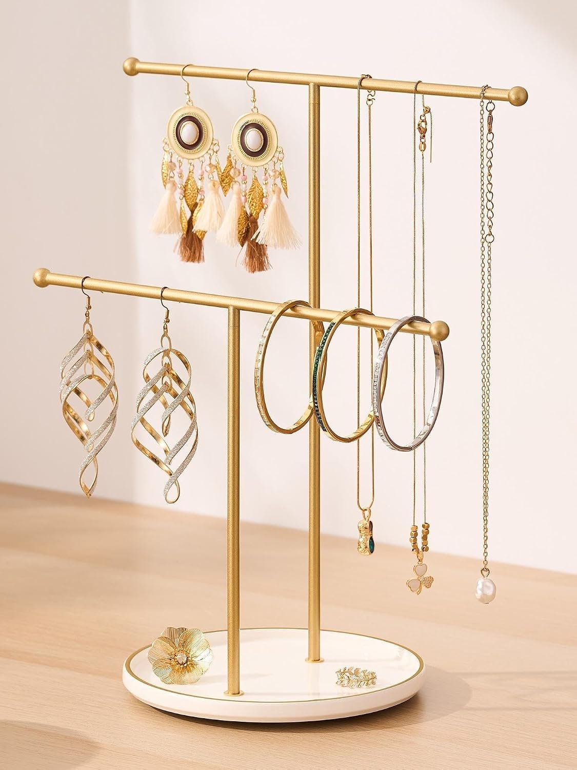 Gold Jewelry Holder Stand with Ceramic Tray: Small Hanging Necklace Organizer Tree for Earrings, Bracelets, Rings – Jewelry Display Hanger for Women & Girls, White