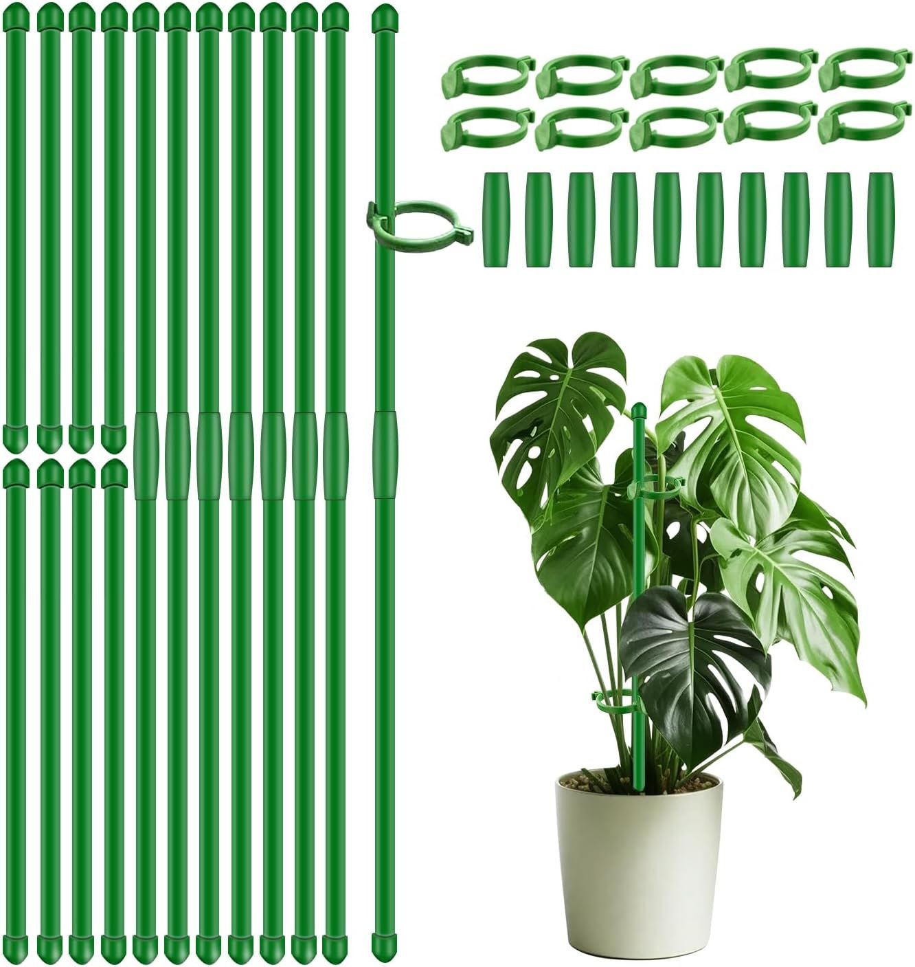 20Pcs Plant Support Stakes 17 inch SupKing Garden Orchid Sticks Extended to 3ft 4ft 5ft Plant Poles with Clips for Indoor Outdoor Potted Tomato Rose Amaryllis Vegetables Comes with 20 Ties（Green）
