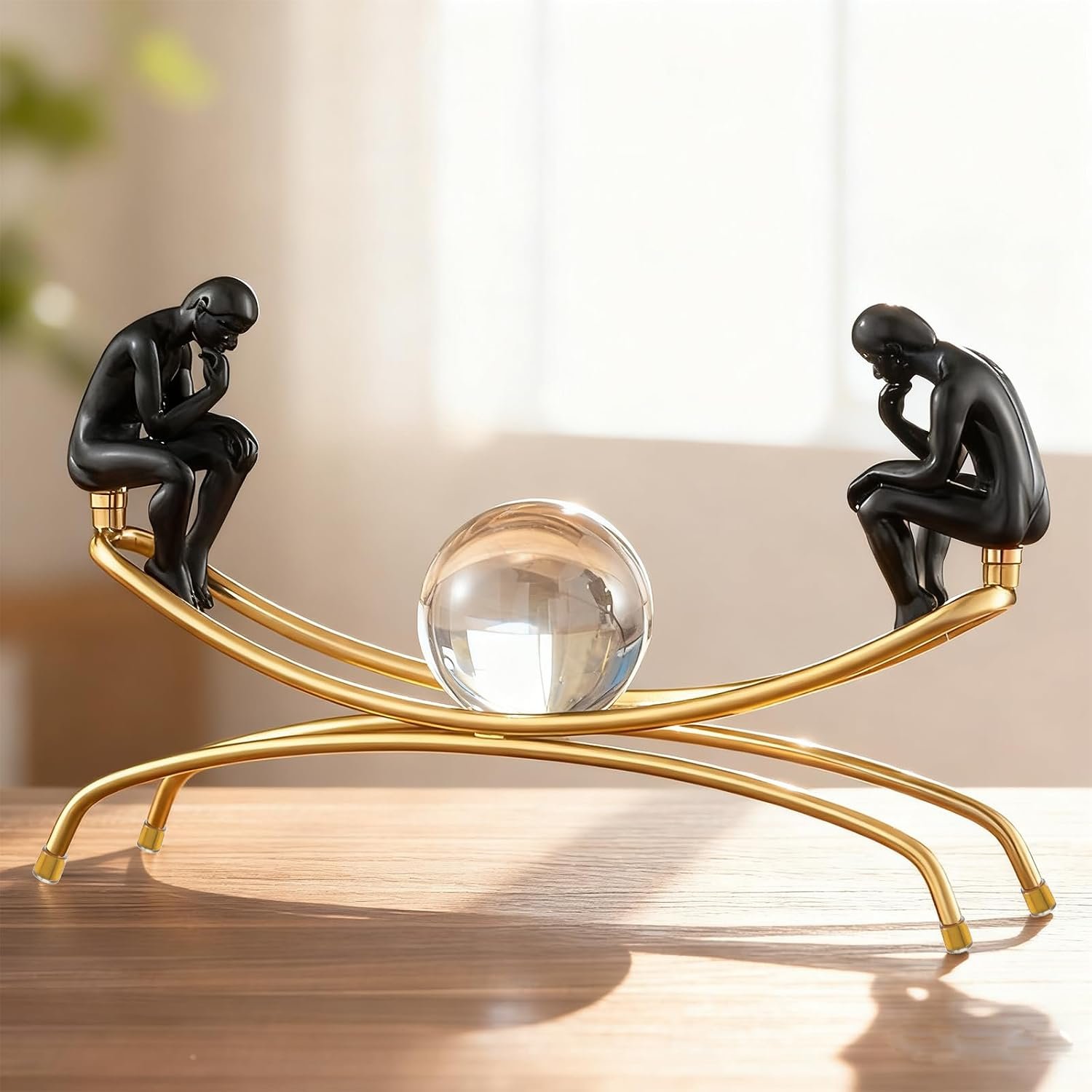 Thinker Statue with Crystal Ball, Modern Home Sculptures Black and Gold Living Room Decor， Home Office Bookshelf Desktop Display Decoration