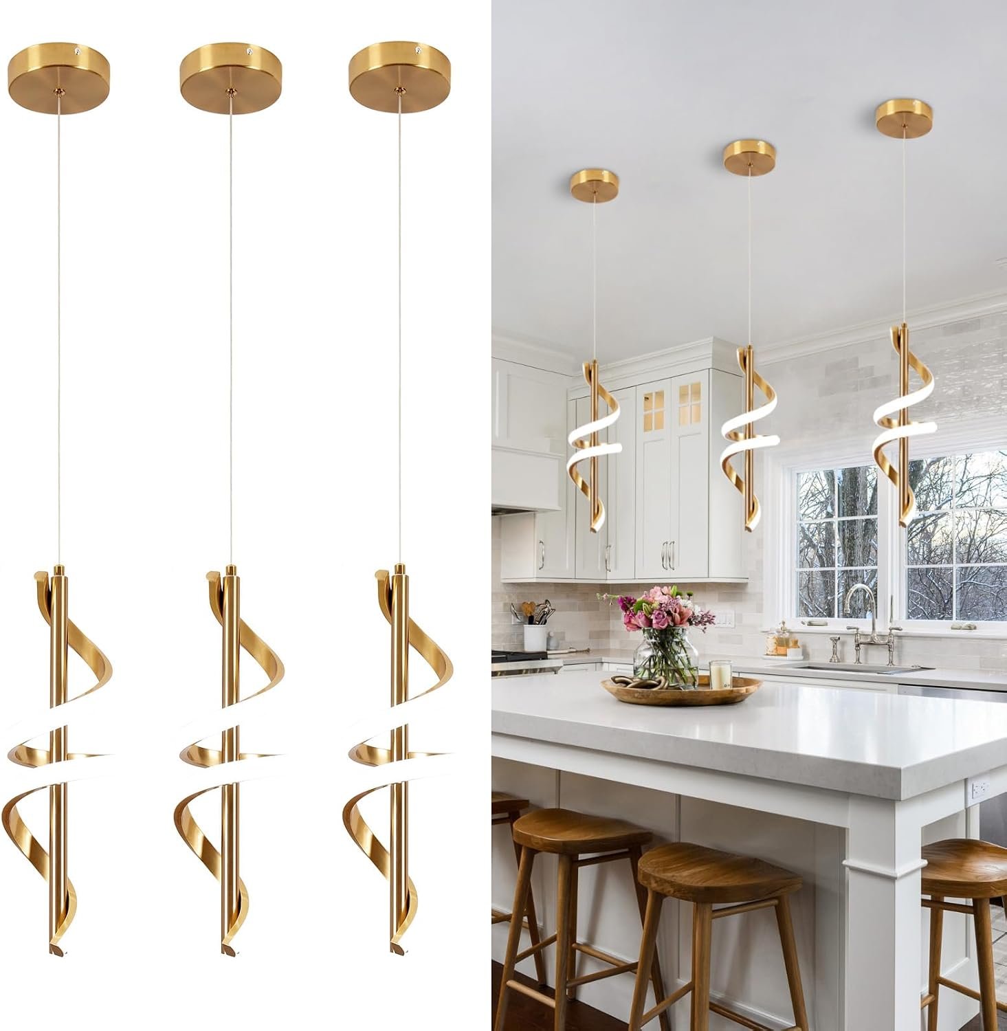 Spiral Led Pendant Light Fixtures, 5500K Gold Modern Led Pendant Lamp Kitchen Island, Adjustable Height Kitchen Island Lights Fixtures for Kitchen Island Dining Room Bedroom Sink, 3 Packs