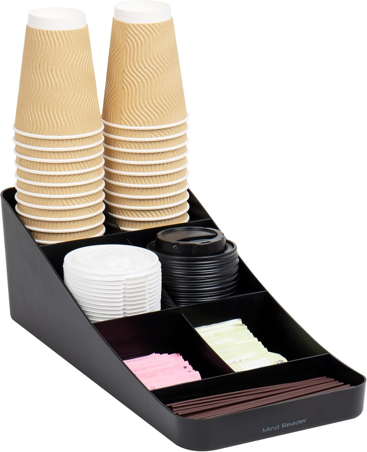 Mind Reader Cup and Condiment Station, Countertop Organizer, Coffee Bar, Kitchen, Stirrers, 7.25″L x 15.5″W x 5.25″H, Black
