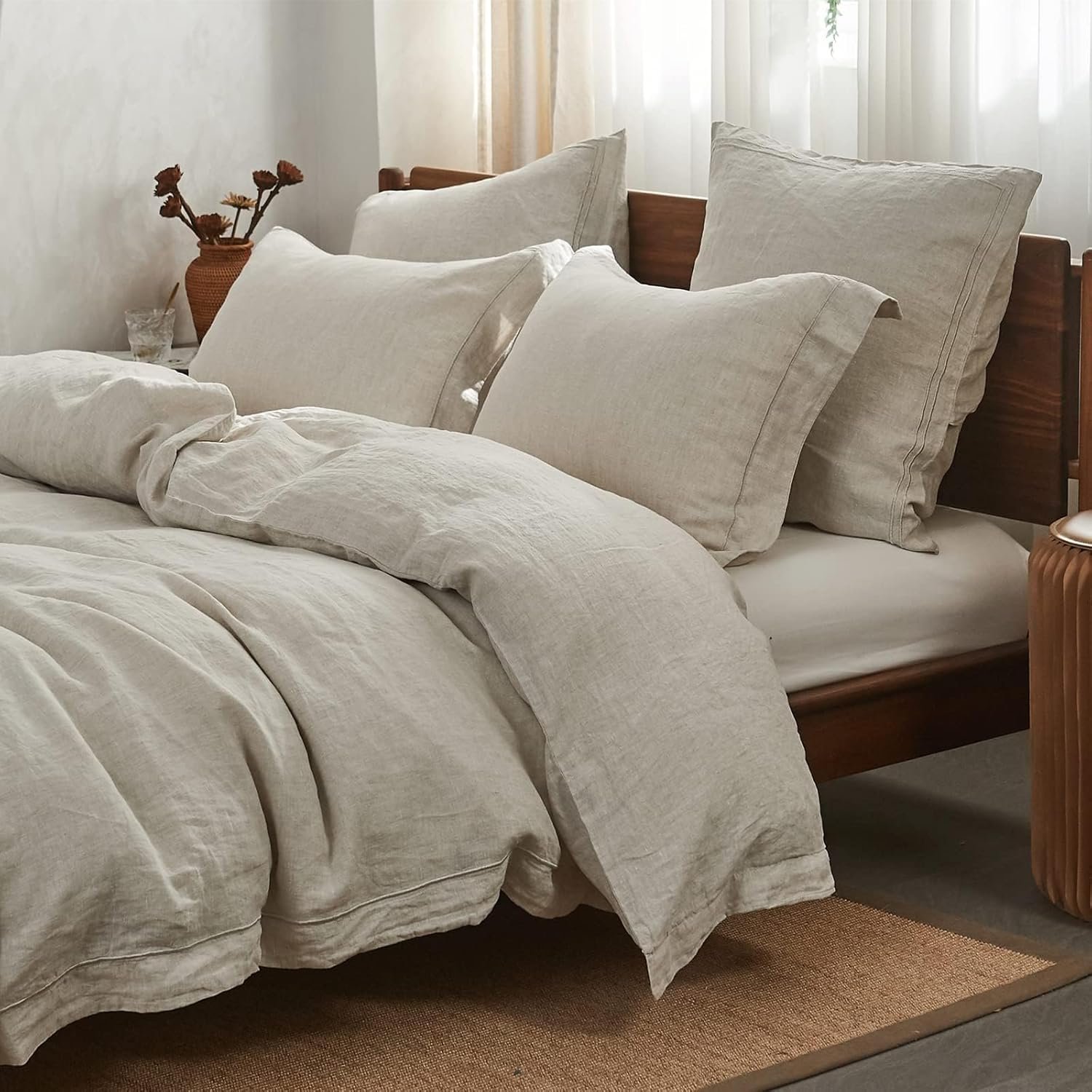 Simple&Opulence 100% French Flax Linen Duvet Cover Set with Embroidery Washed – 3 Pieces (1 Duvet Cover with 2 Pillow Shams) with Button Closure Soft Breathable Farmhouse – Linen, King Size
