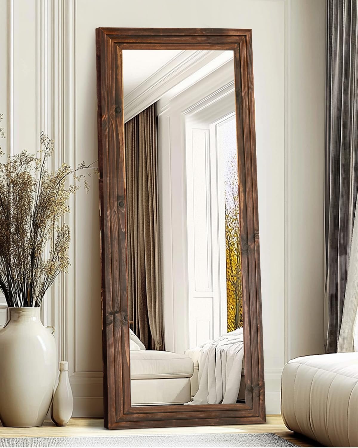 Full Length Mirror 65″x22″ with Stand Solid Wood Frame Floor Large Mirror for Living Room, Bedroom Hanging Standing or Leaning Wall-Mounted, Brown