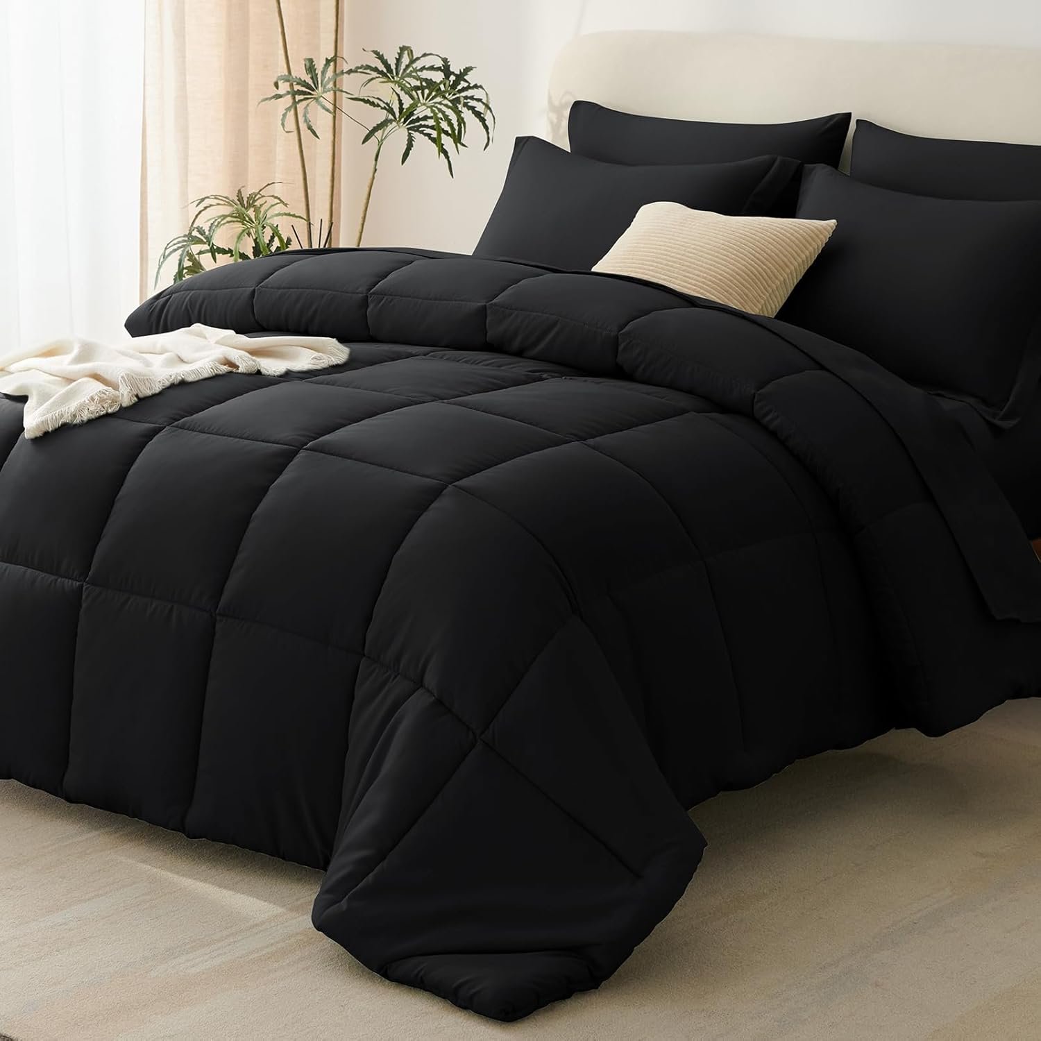 CozyLux Queen Comforter Set Black – 7 Pieces Bed in a Bag Queen, Oeko-Tex Certified Bedding Set, All Season Soft Bed Set with Down Alternative Comforter, Sheets, Pillowcases & Shams