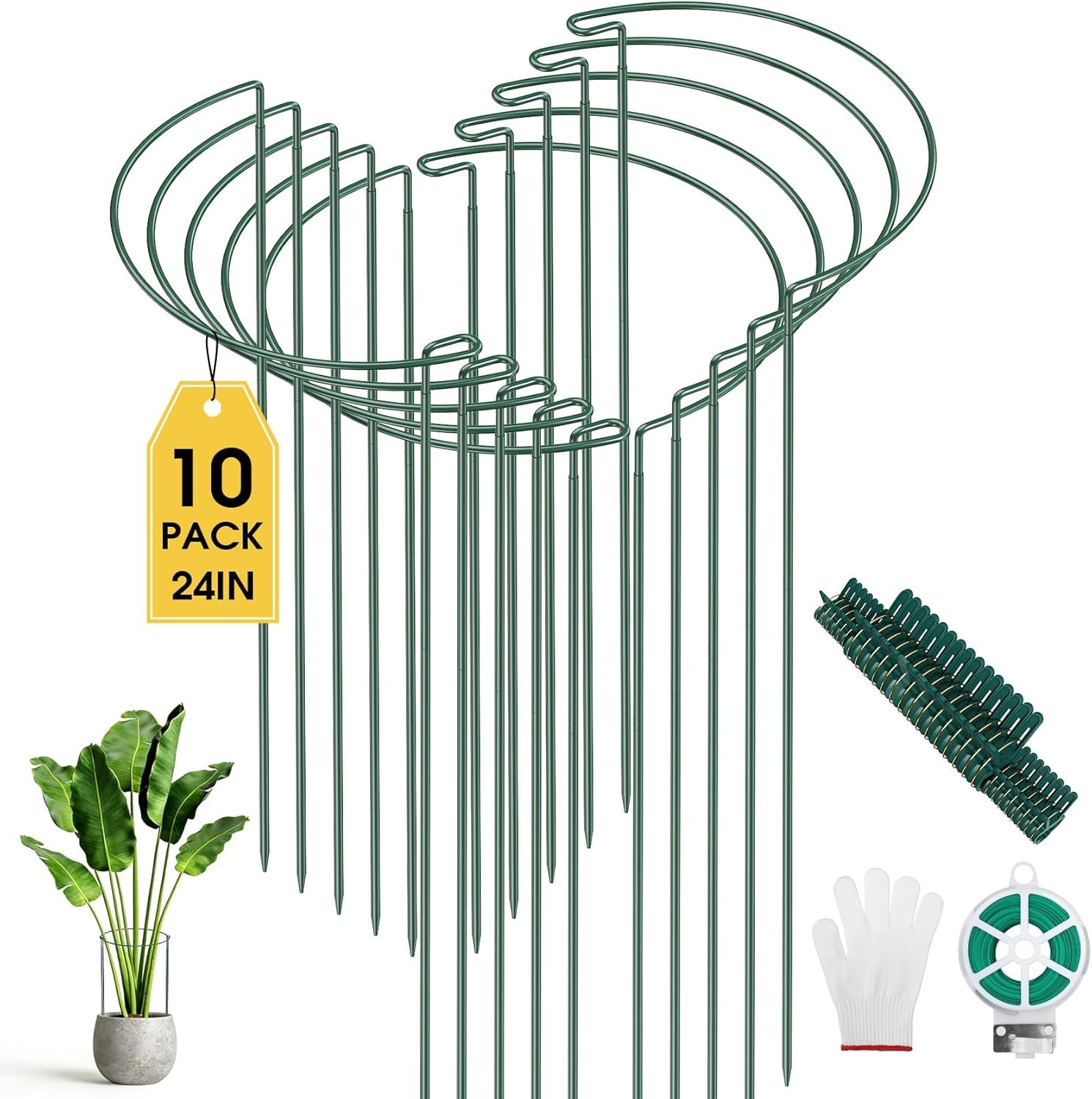 Unves 10 Pack Peony Cages and Supports, 10″ W x 24″ H Metal Plant Support Stakes, Half Round Peony Cage for Outdoor Plants, Garden Plant Stakes for Peony Tomato with Clips, Ties and Gloves