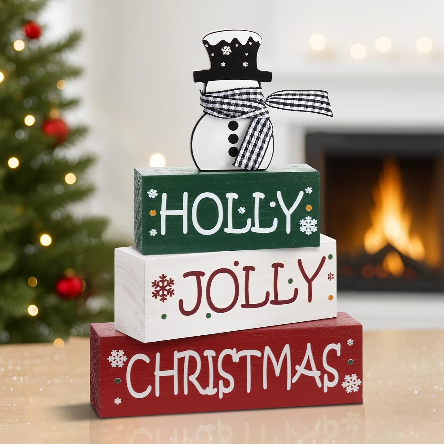 Shzbtdo Christmas Table Decorations, Snowman Christmas Wooden Tiered Tray Decor, Farmhouse Holiday Tabletop Decor for Kitchen, Shelf, Mantel, Fireplace, Office, Gift Exchange