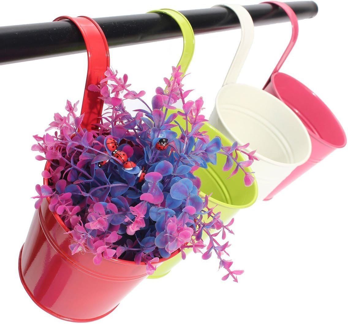 KINGLAKE Flower Pots,10 Pcs Metal Iron Hanging Flower Plant Pots Balcony Garden Plant Planter Baskets Fence Bucket Pot 4” Flower Holders with Detachable Hook