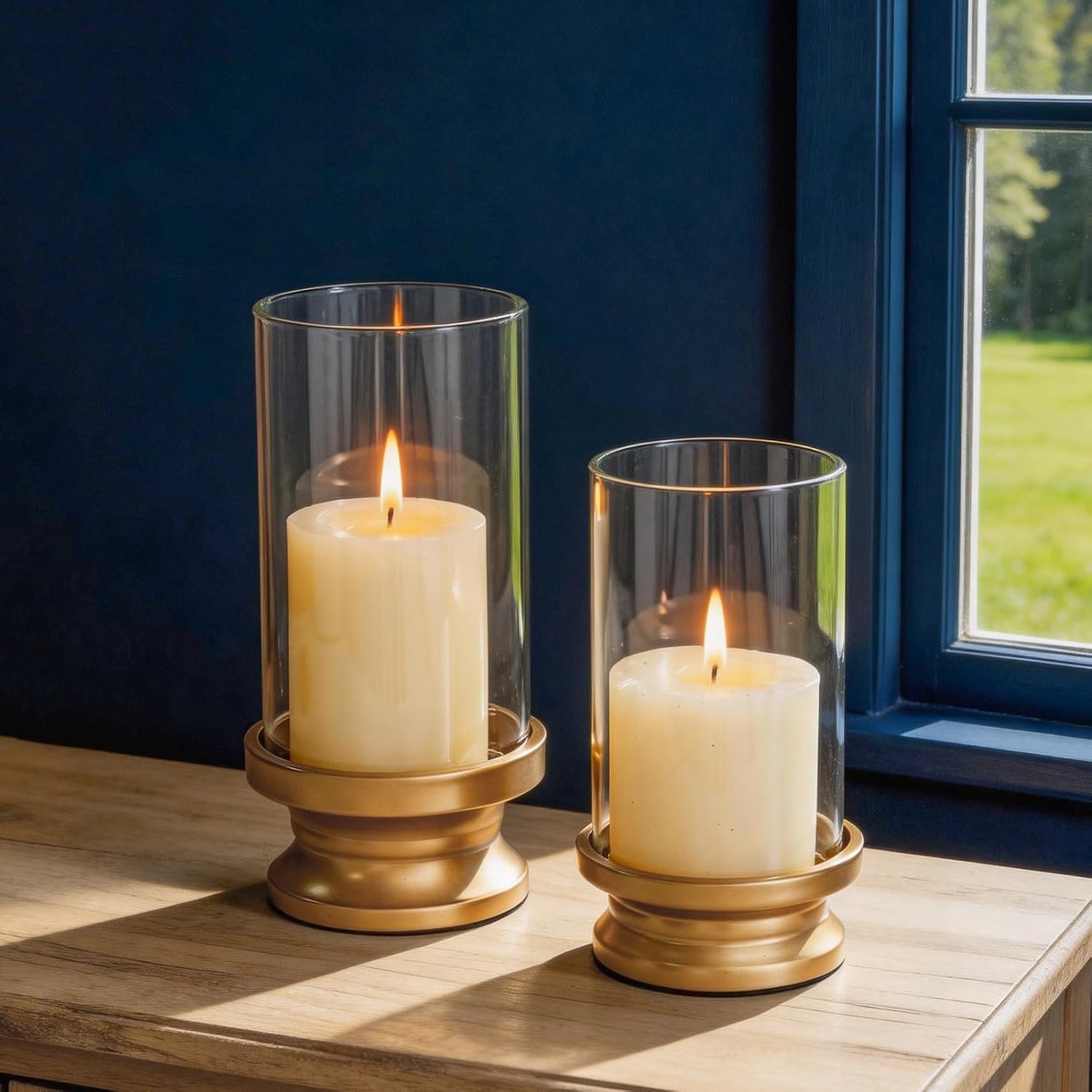 NUPTIO Hurricane Candle Holder Gold: Pillar Candle Holders with Clear Glass Sleeve – Set of 2 Decorative Brass Metal Pillars Stand for Dining Table Centerpiece Shelf Fireplace Mantel Decor