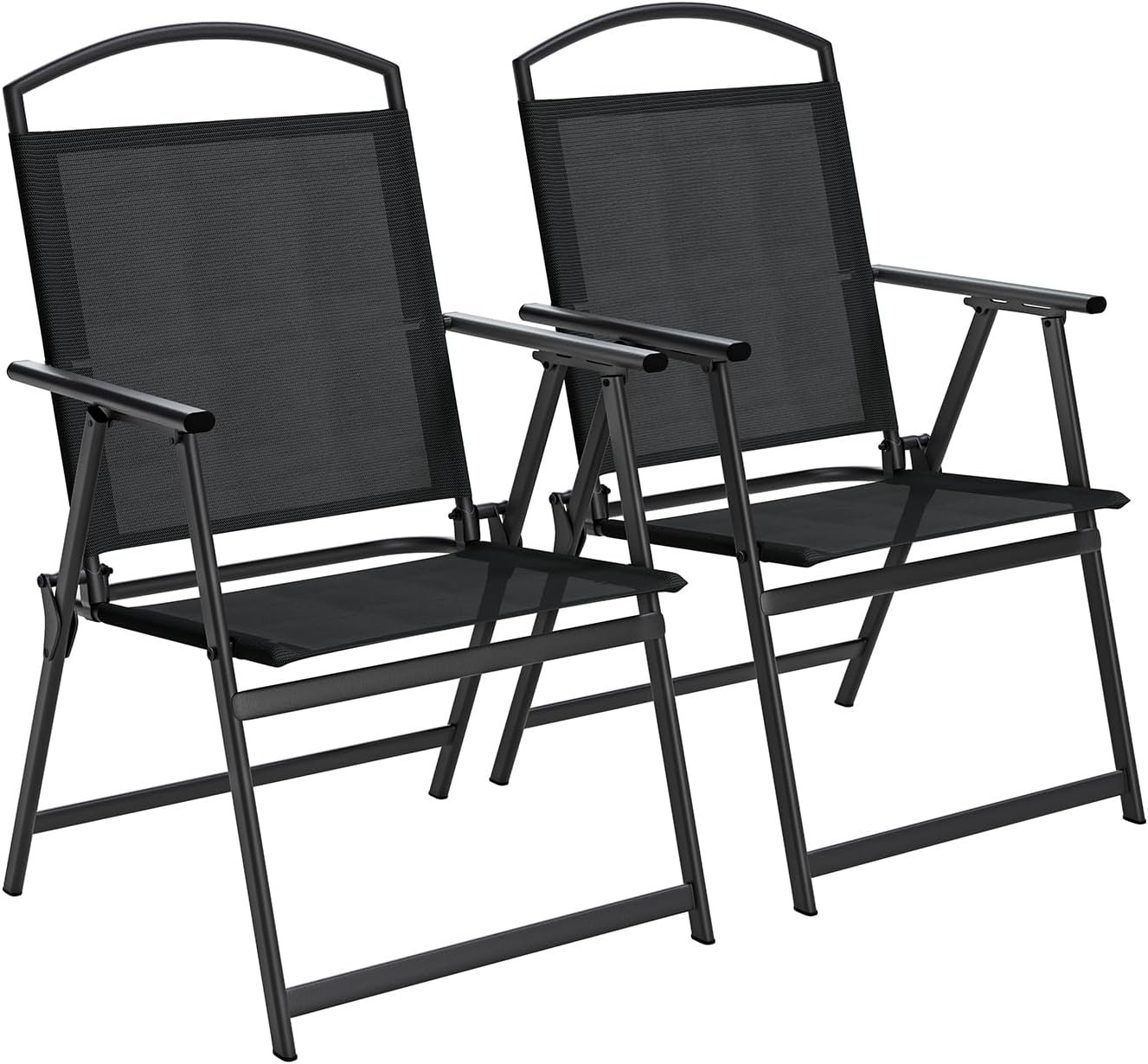 SWITTE Folding Patio Chairs Set of 2, Outdoor Dining Chairs with Armrests, Breathable Textilene & Steel Frame for Lawn, Garden, Yard or Poolside – Black