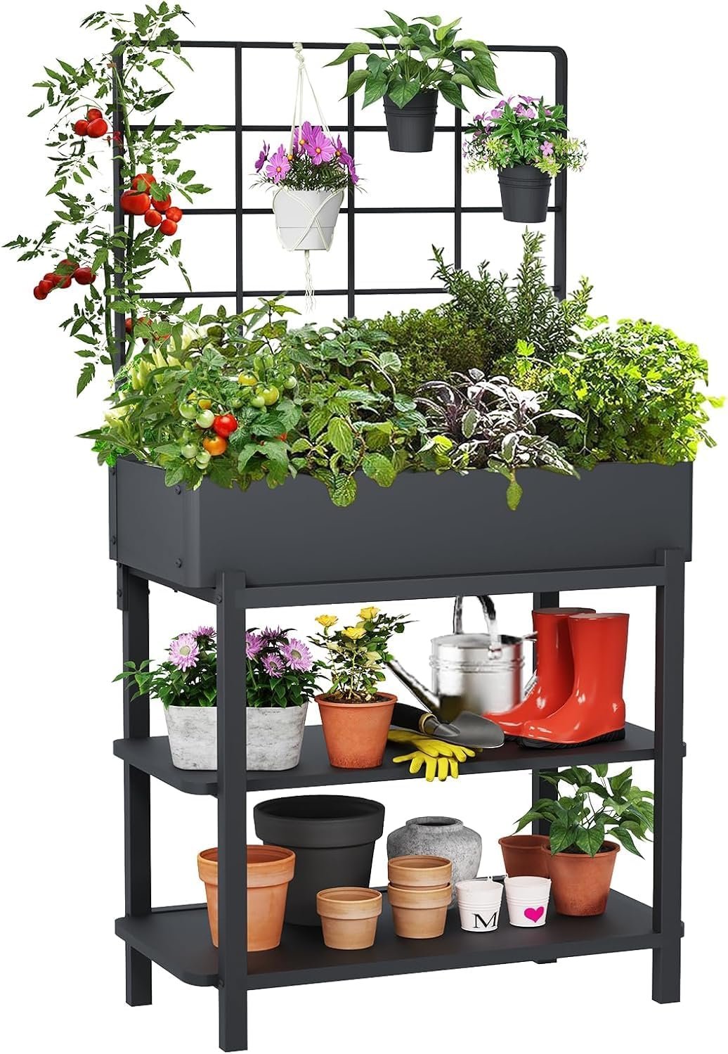 Metal Raised Garden Bed with Trellis & 2-Tier Storage Shelf, Elevated Planter Box with Legs -Includes 3 Flower Pots, Outdoor Vertical Garden for Vegetables Herbs Climbing Plants Patio Balcony