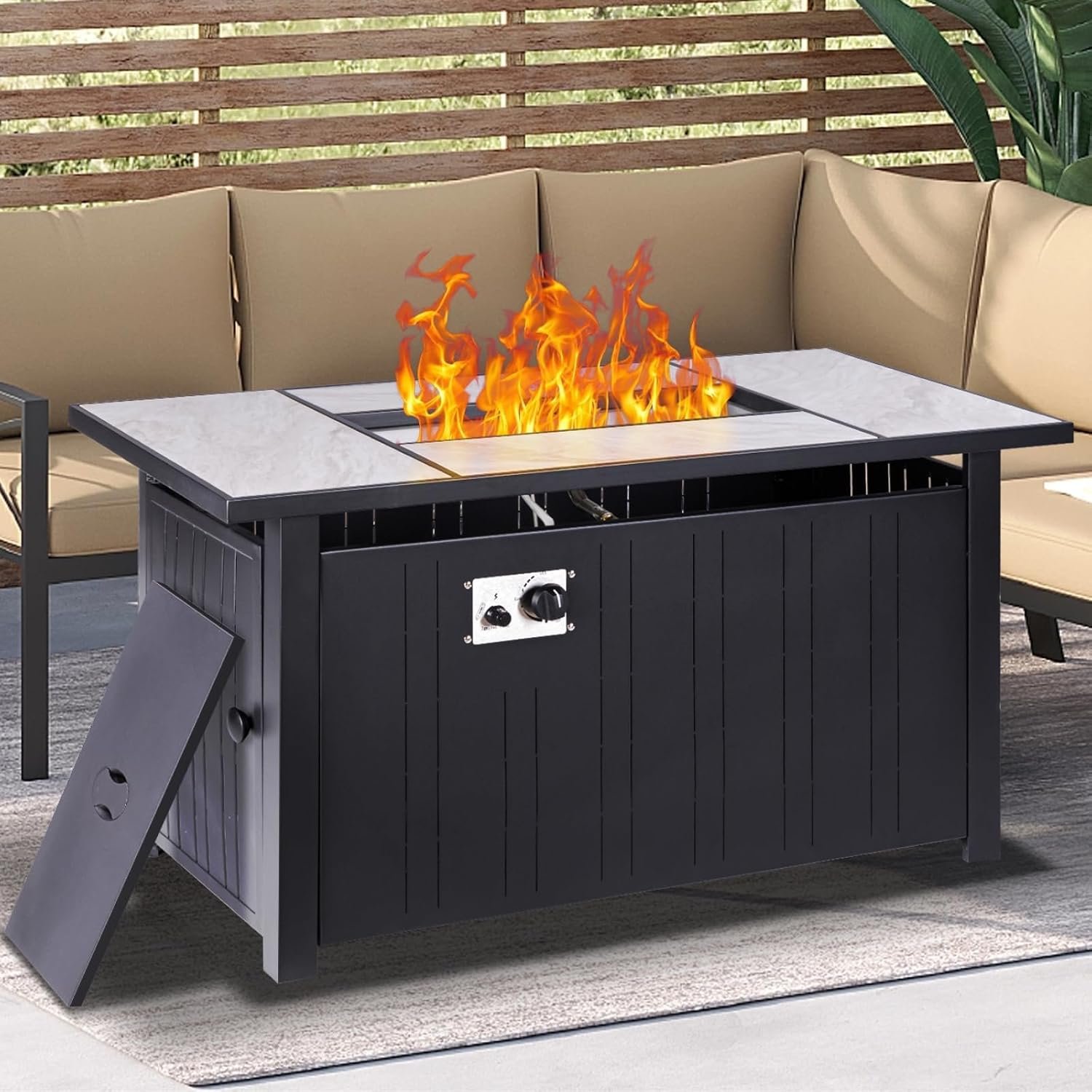 OutVue 47″ Propane Fire Pit Table with Real Ceramic Tabletop, 50000 BTU Gas Firepit Table with Lid & Lava Stones, Outdoor Fire Pit for Dining or Party, Firepit for Outside, Patio