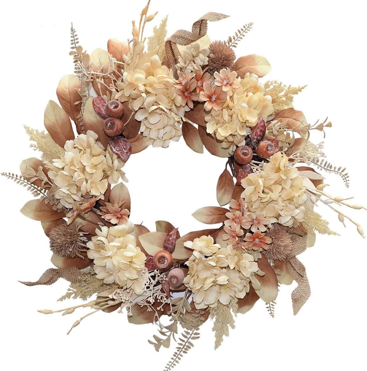 18 Inch Lush Fall Wreath for Front Door, Boho Brown Outdoor Wreath with Faux Dried Hydrangea Pampas & Flowers, Farmhouse Fall Winter Thanksgiving Harvest Porch Décor