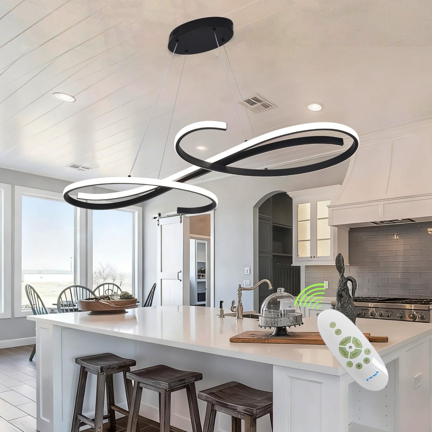Black Modern Led Chandelier Dimmable Pendant Light Fixture | Color Changing 3000K-6500K led chandelier for dining room light fixture adjustable heighth with remote controller