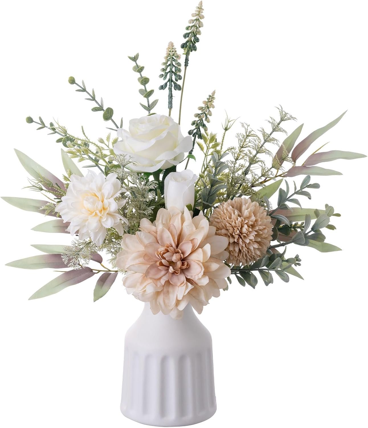 Fake Flowers in Vase, Artificial Flowers with Vase, 15.7” Floral Arrangements for Dining Table Centerpiece Decor, Silk Roses & Faux Dahlia Bouquet for Farmfouse Kitchen Coffee Table Decor (Brown)