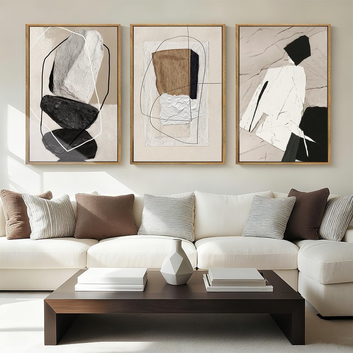 ANHUIB Large Neutral Abstract Wall Art Canvas,Black Beige Artwork, Modern Textured Framed Wall Art, Minimalist Geometric Painting,16×24 Inches Set of 3 for Living Room Bedroom