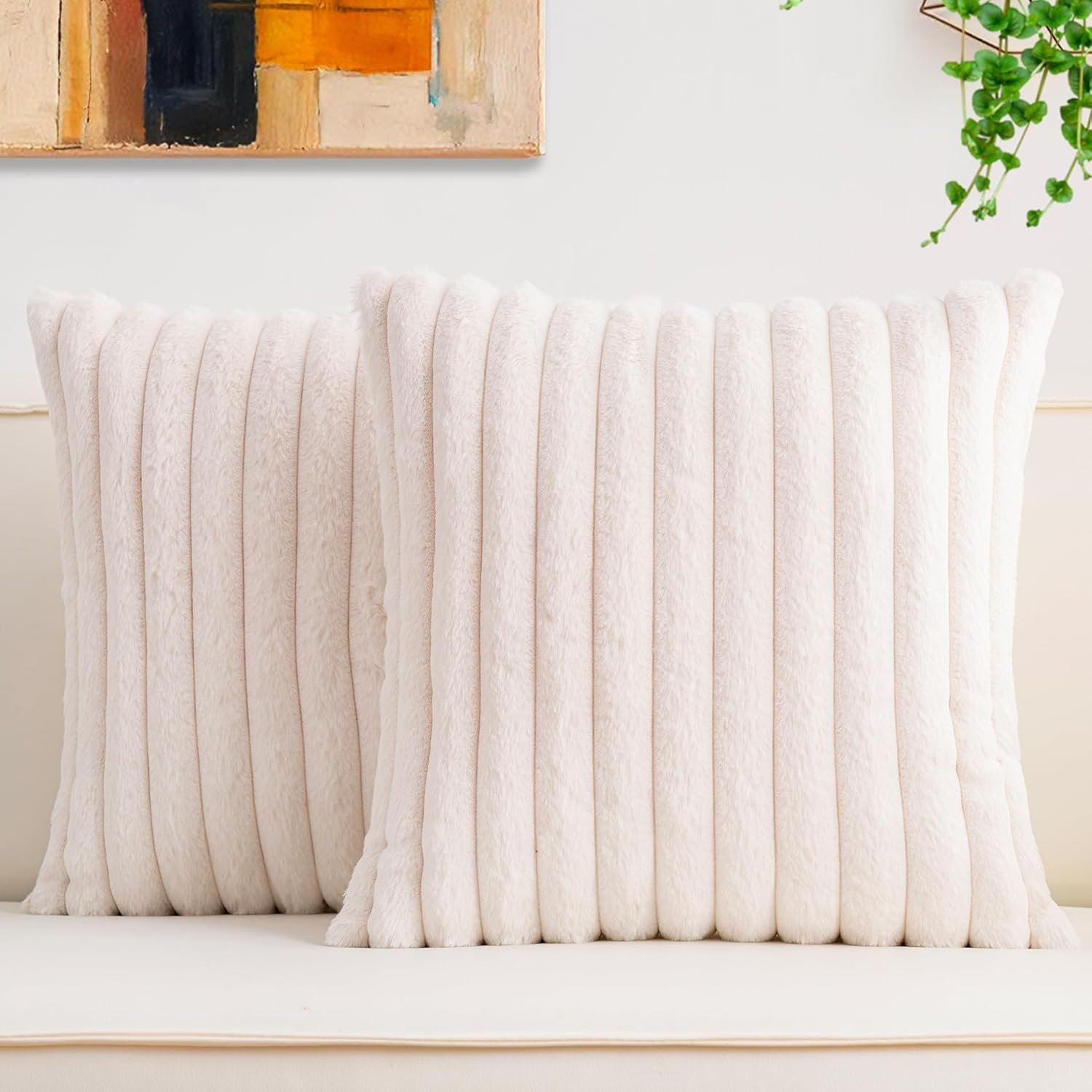 Aegero Pack of 2 Faux Fur Christmas Throw Pillow Covers 18×18 Inch, Soft Plush Striped Neutral Couch Pillow Cover, with Velvet Back Modern Home Decor for Sofa Living Room Couch Bed Cream White