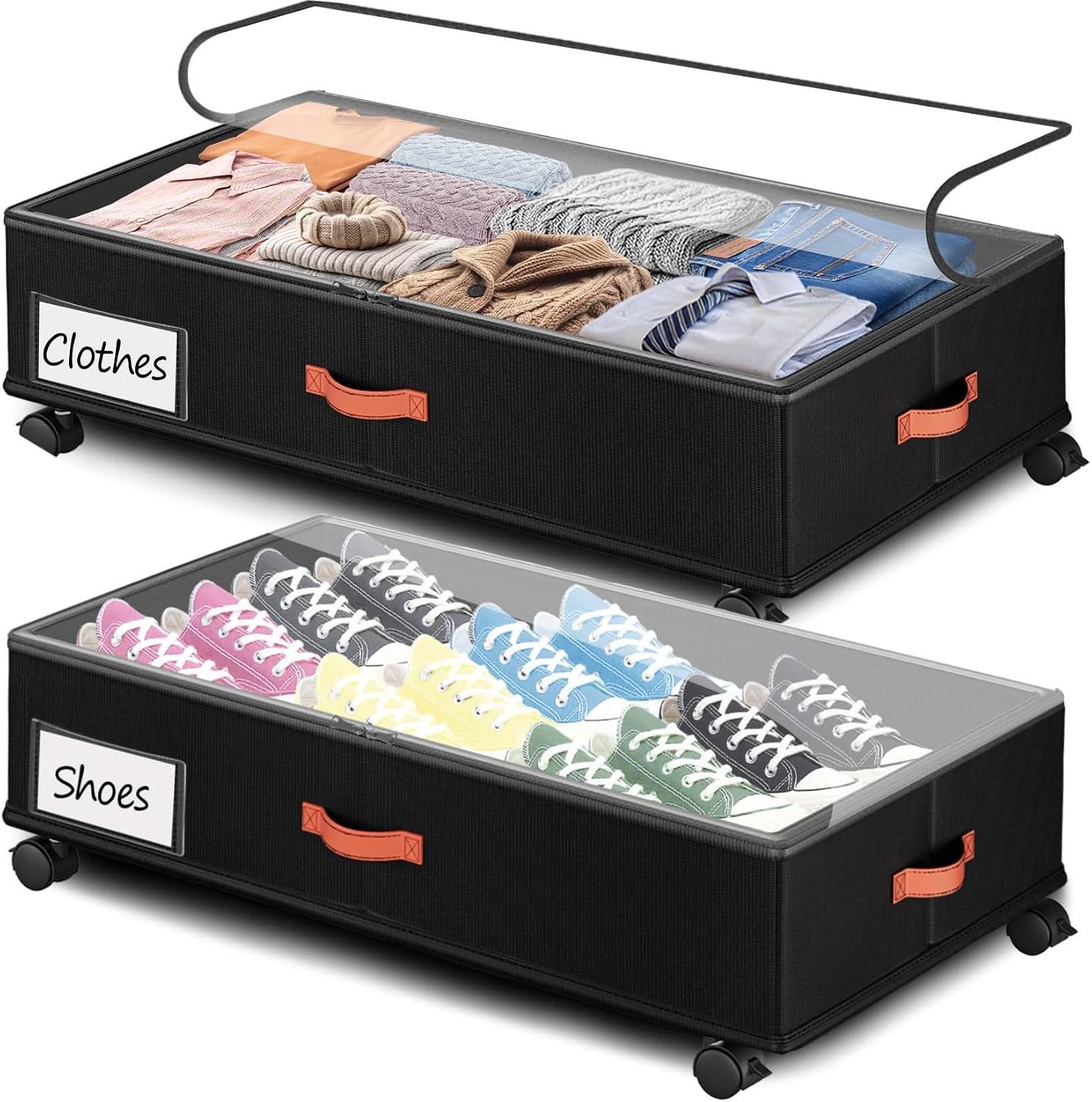Under Bed Storage with Wheels 2-Pack, Under Bed Storage Containers 66L Clear Lids, Rolling Storage Drawers for Clothes Shoes Blankets, Underbed Organizer Bins(30″ L x 16.2″ W x 7.5″ H)