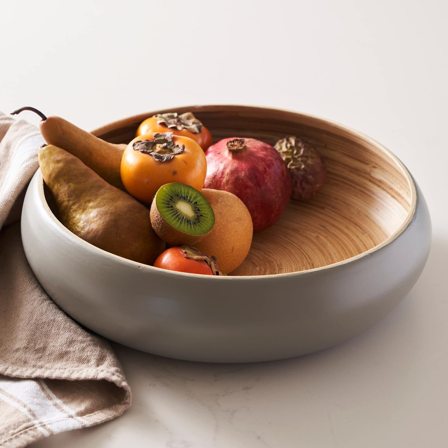 Fruit Bowl for Kitchen Counter – Handmade Spun Bamboo, Large 11.75″ Fruit Basket, Eco-Friendly Decorative Serving Bowl for Home Decor, Produce Storage & Centerpiece (Gray)