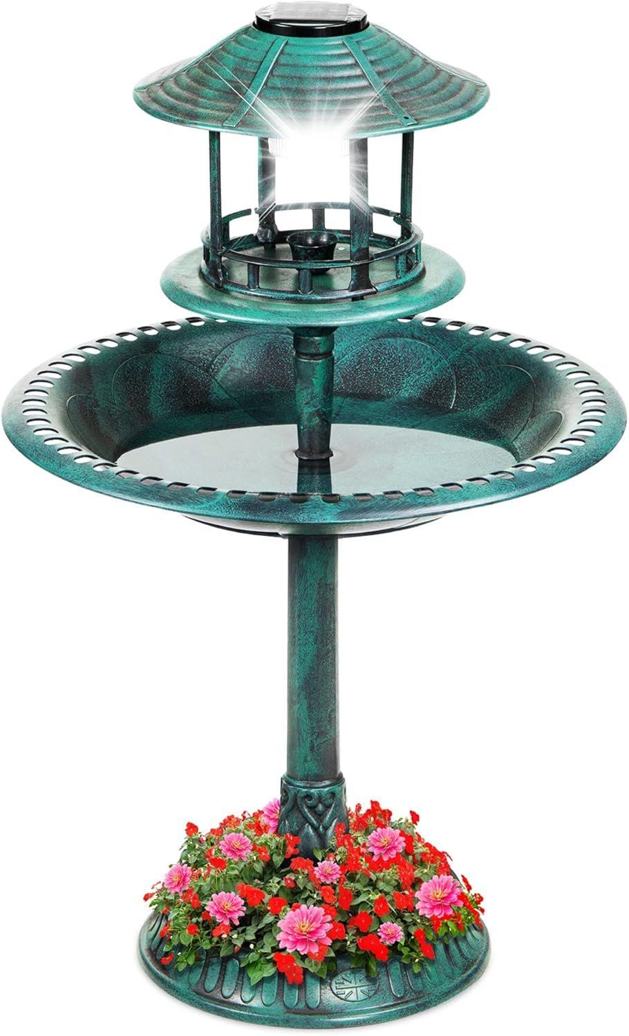 Best Choice Products Solar Outdoor Bird Bath Vintage Resin Pedestal Fountain Decoration for Yard, Garden w/Planter Base, Feeder, Decorative Bird Cage, Fillable Stand – Green