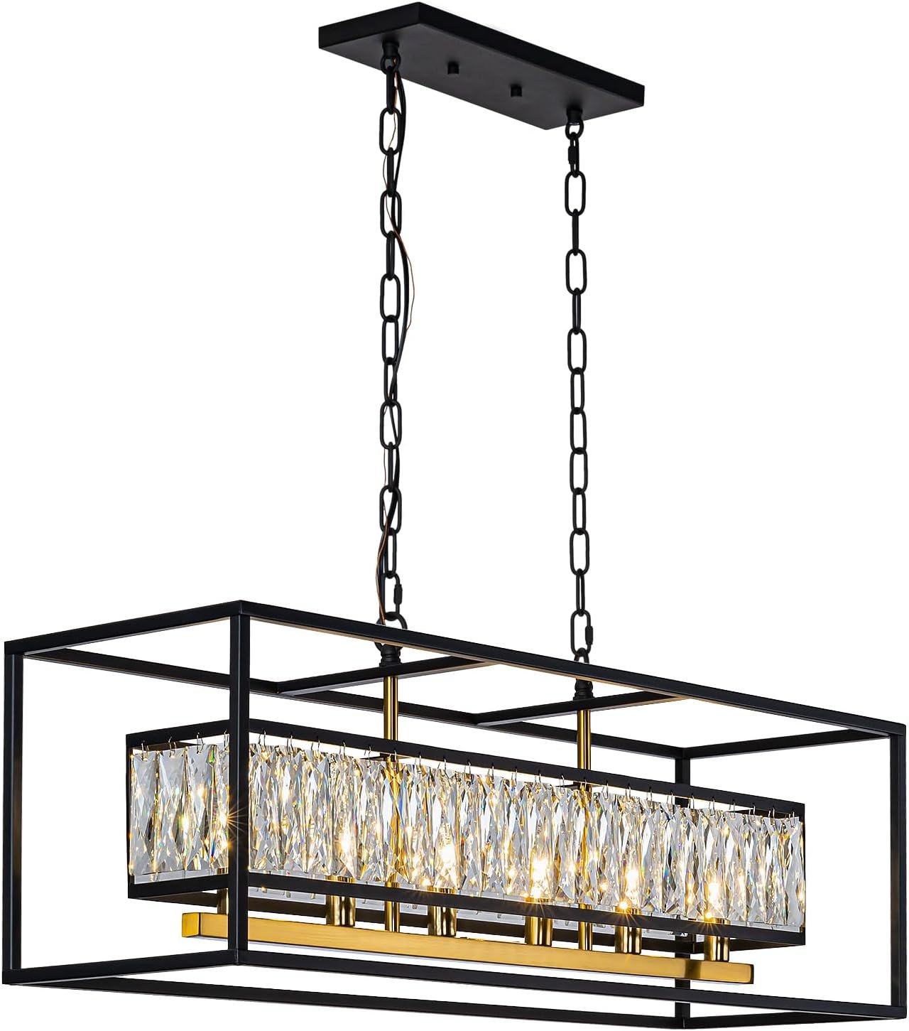 Vezzio Crystal Chandeliers for Dining Room, 6-Light Modern Black and Gold Rectangle Light Fixture, Rectangular Contemporary Hanging Chandelier Pendant Light for Kitchen Island, L35 Inch