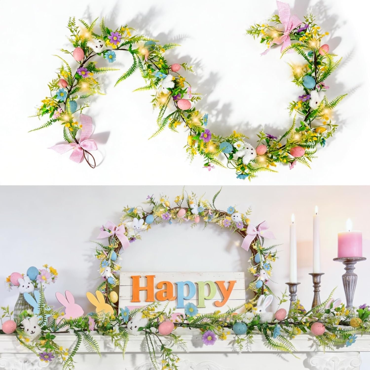 6FT Easter Garland with 20 LED Lights, Easter Garland for Mantel, Lighted Spring Garland with Artificial Eggs & Flowers, Easter Decorations for Home, Fireplace & Staircase, Indoor & Outdoor Decor