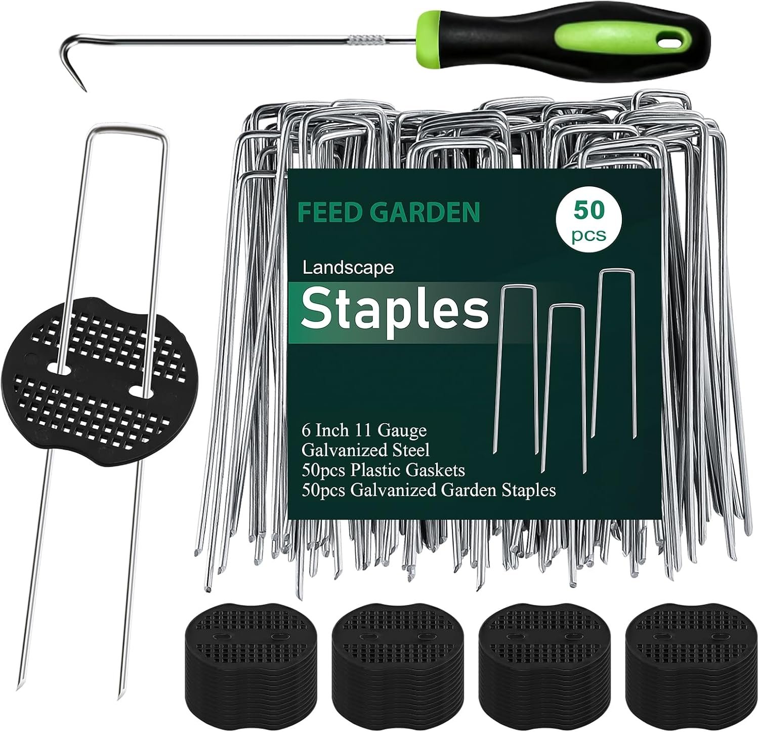 FEED GARDEN Landscape Staples 6 Inch 50 Pack Kit, Heavy Duty 11 Gauge Hot-Dip Galvanized Garden Stakes with 50 Gaskets & 1 Pick Hook for Weed Barrier, Landscape Fabric, Sod, Turf & Garden Edging