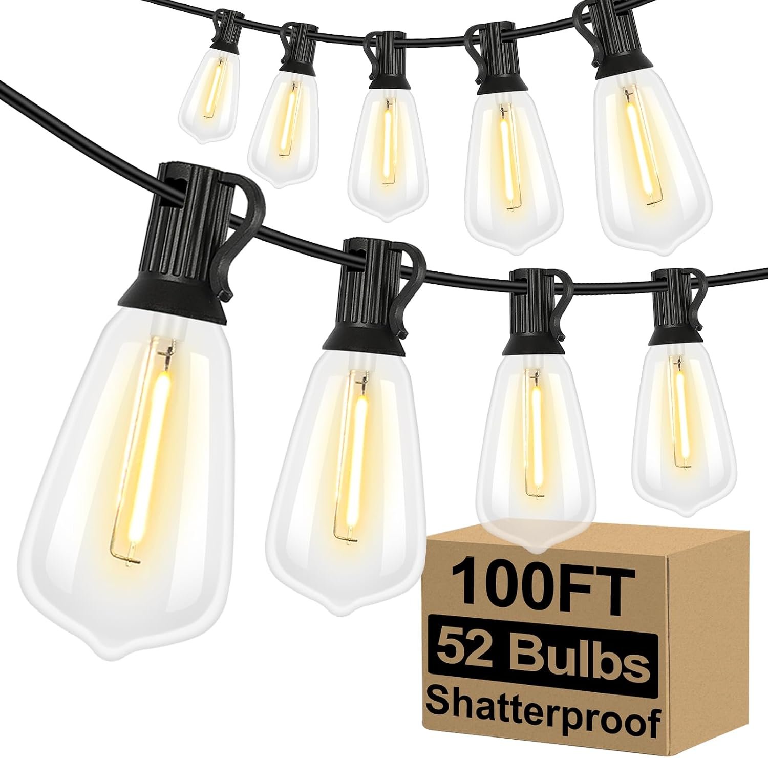 Brightever LED Outdoor String Lights 100FT Patio Lights with 52 Shatterproof ST38 Vintage Edison Bulbs, Outside Hanging Light Waterproof for Porch, Deck, Garden, Backyard, Balcony, 2700K Dimmable