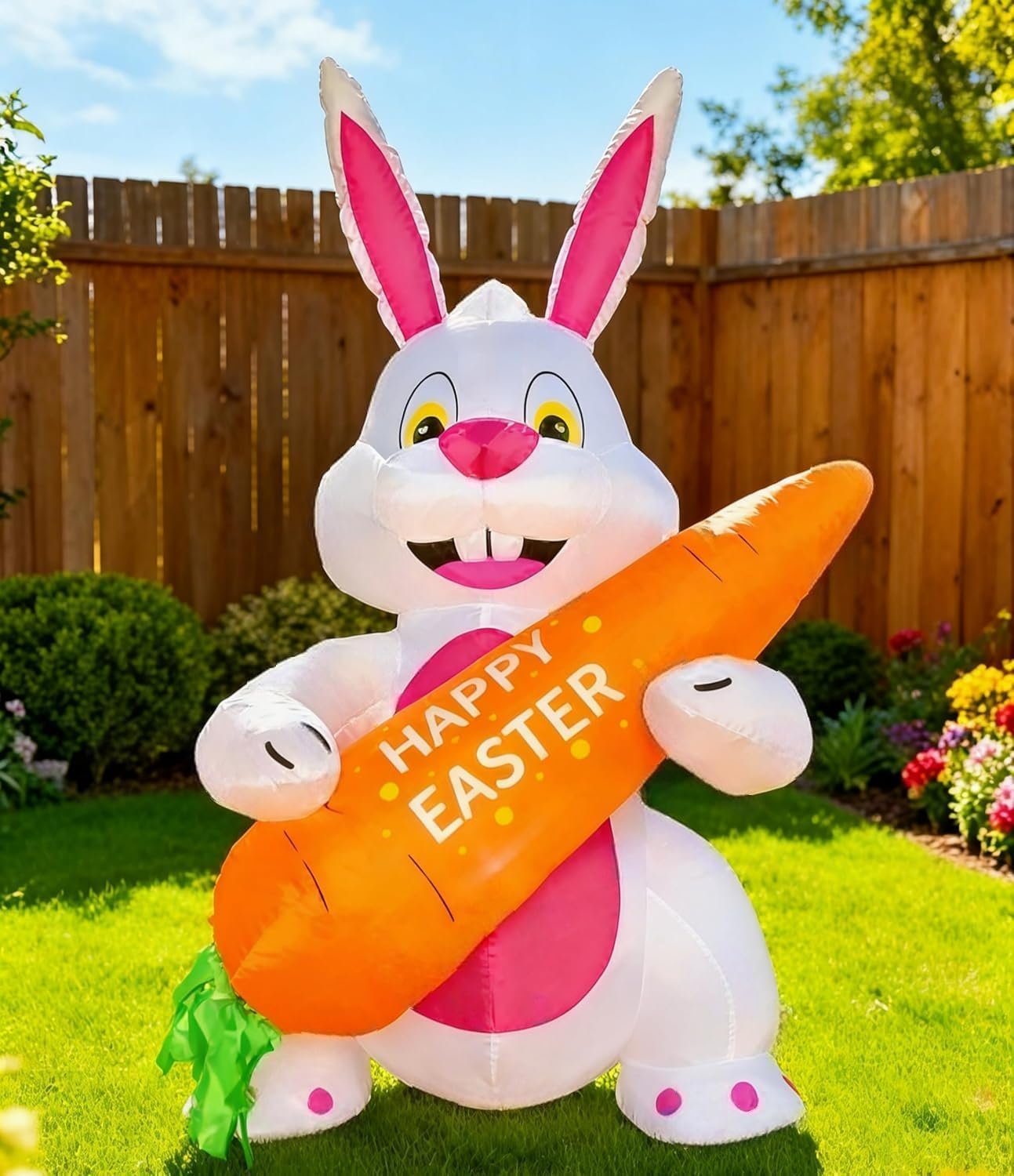 5FT Easter Inflatables Bunny with Carrot – LED Light Up Blow Up Yard Decor, Cute Squatting Pose Design, Quick Self-Inflating Outdoor Easter Decorations for Lawn Porch Patio Party Spring Photo Prop