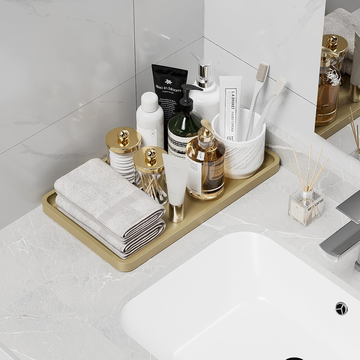 Weenson Gold Bathroom Vanity Tray for Countertop Decor Perfume Makeup Toiletries Toilet Tank, Large Bamboo Kitchen Tray for Spice Salt, Serving Tray for Food Coffee, Nightstand Candle 14.2”x8.3”