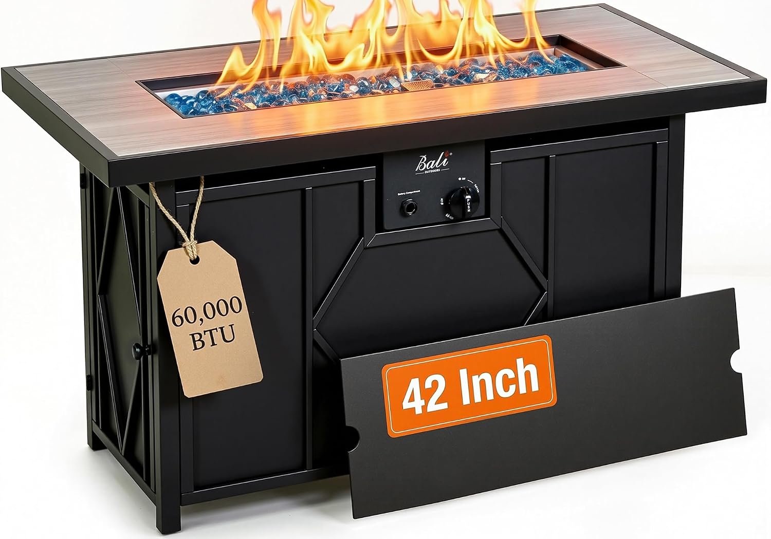 BALI OUTDOORS 42 inch Propane Fire Pit Patio Outdoor Fire Pit Table Large Black Firepits for Outside Rectangular