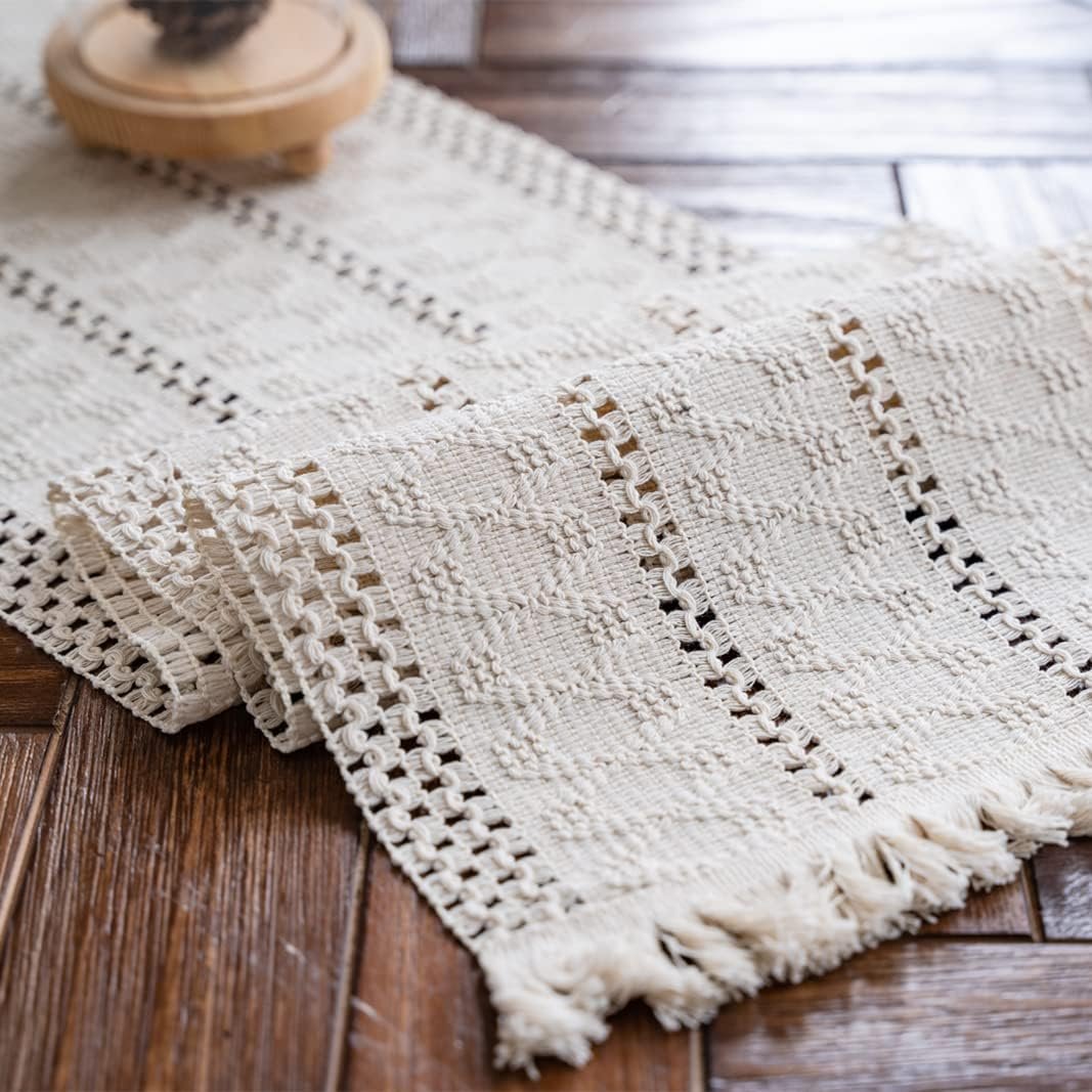 Macrame Table Runner Cream Beige Boho Table Runners with Tassels Hand Woven Cotton Table Runner Rustic Farmhouse Table Runners for Bohemian Kitchen Dining Table(12x71in)
