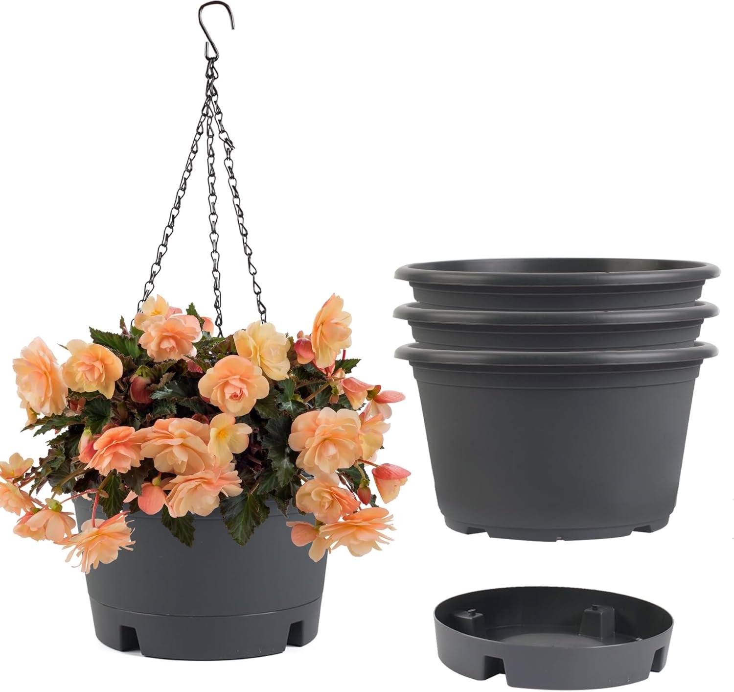 10 inch Hanging Planters, 4 Pack Hanging Baskets for Plants with Removable Trays & 15.7″ Chain, Round Plastic Hanging Flower Pots for Home Garden Porch Balcony Patio Decor (Grey)