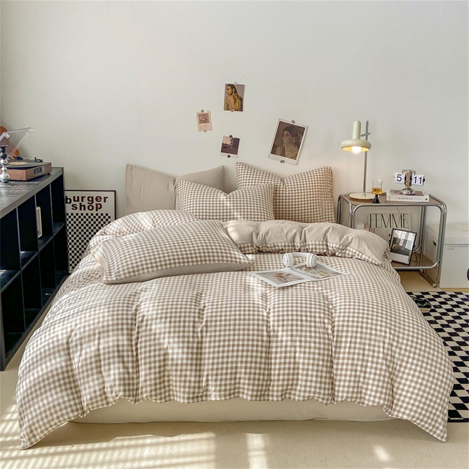 Nayoroom Gingham Duvet Cover Queen Size Brown Tan Plaid Checkered Comforter Cover Grid Farmhouse Bedding Set 3 Pcs Soft Breathable Washed Microfiber Gifts for Women Men