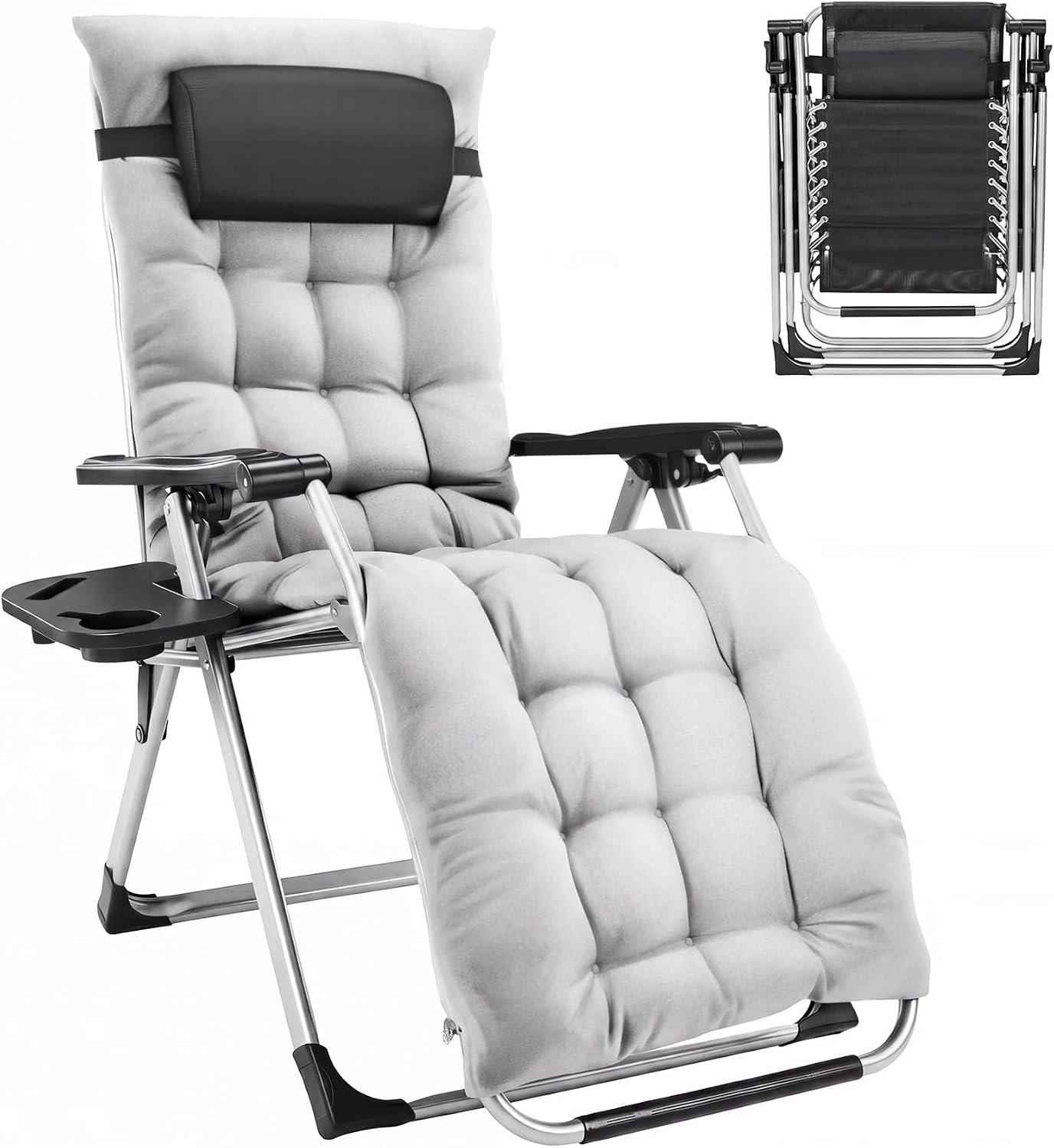 Alpen Premium Outdoor Chaise Lounge Chairs, Zero Gravity Chair with Removable Cushion and Headrest, Lawn Chair with Cup Holder for Reading and Camping, Grey