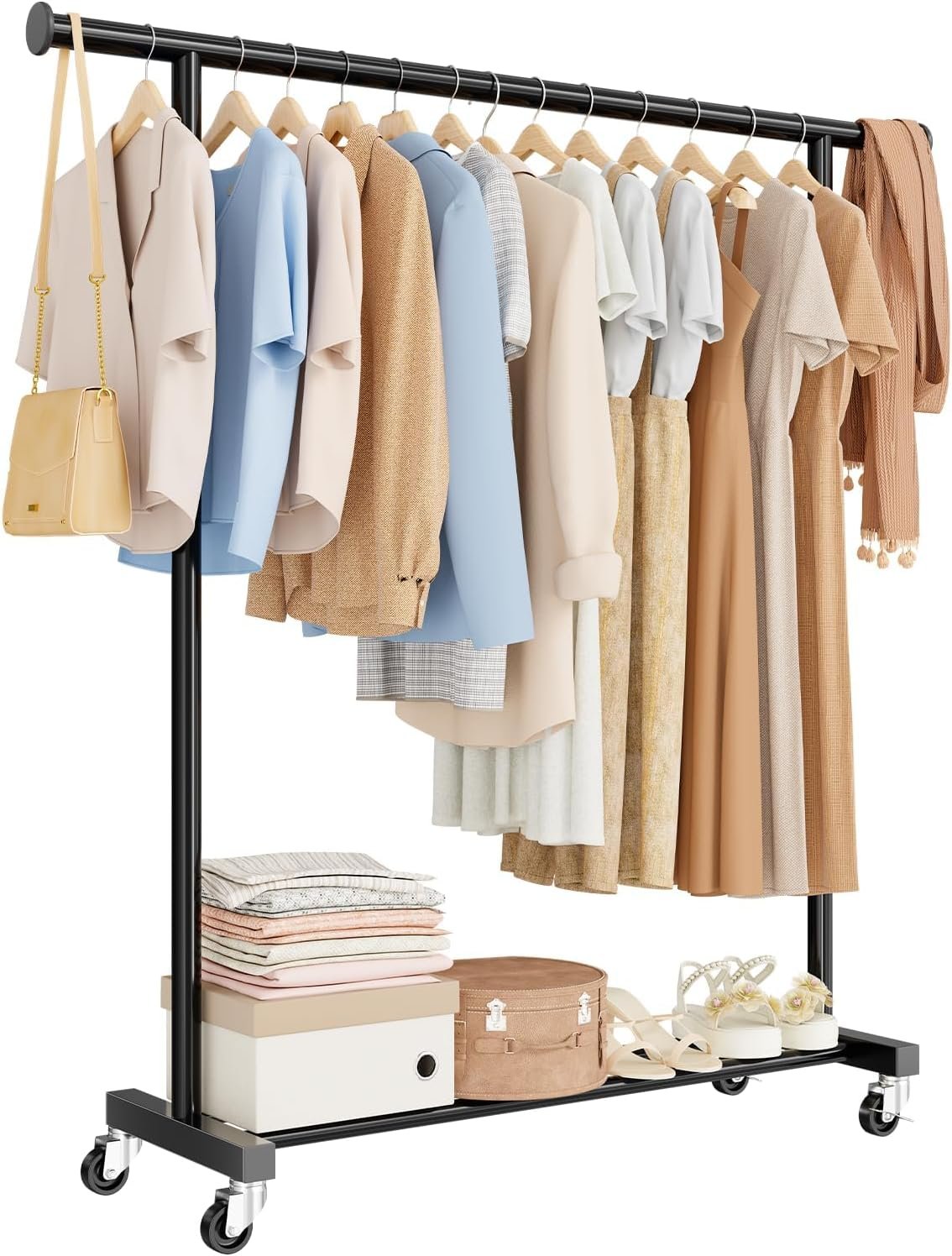 Standard Clothes Rack, Rolling 60“L Clothing Garment Rack with Wheels for Hanging Clothes, Portable Wardrobe Rack for Bedroom, Laundry Room, Black