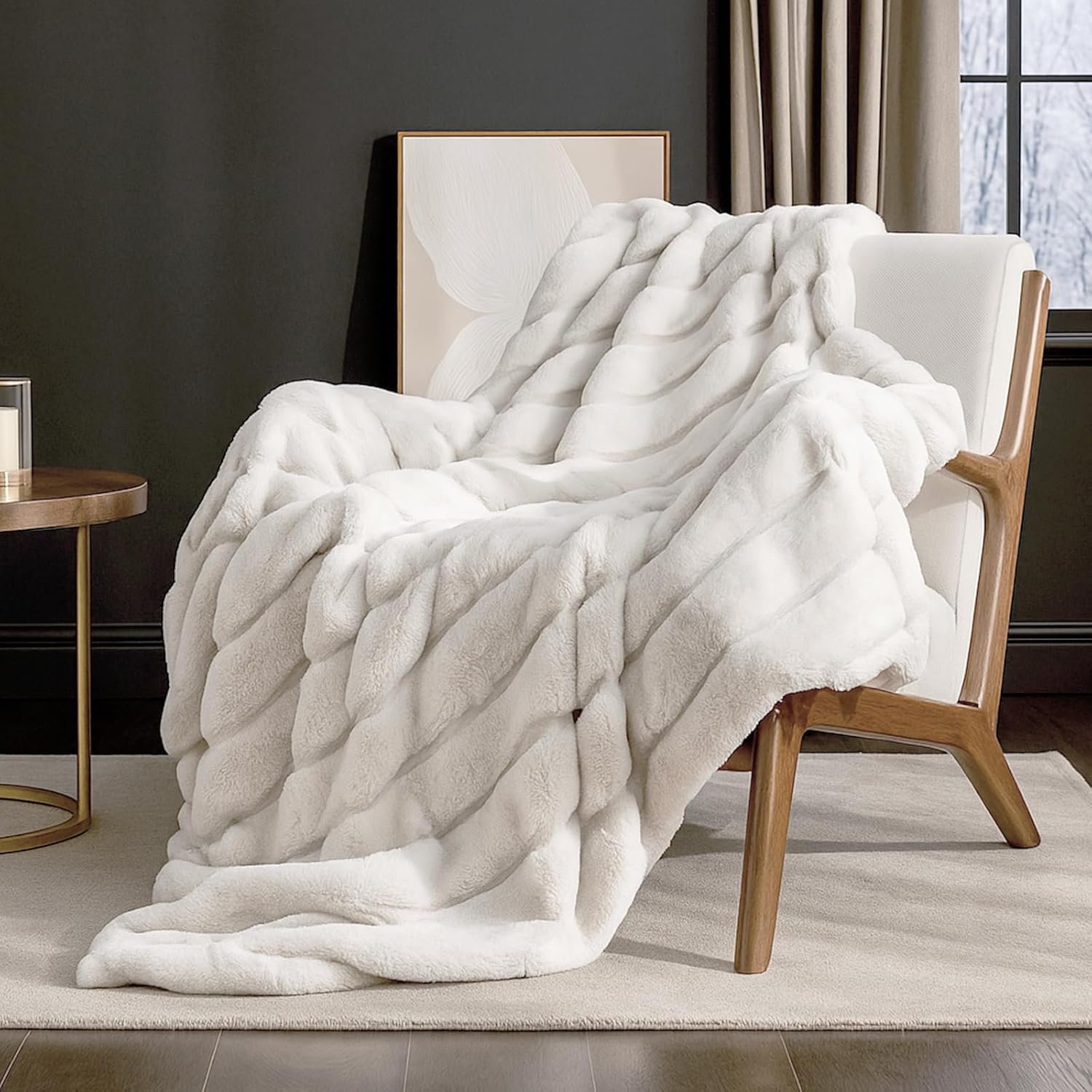 Cozy Bliss Deluxe Sheared Rabbit Faux Fur Throw Blanket, Soft Fuzzy High-Low Sculpted Plush Blanket for Couch, Cozy Home Accent, All Season Use, Beige 50″x60″