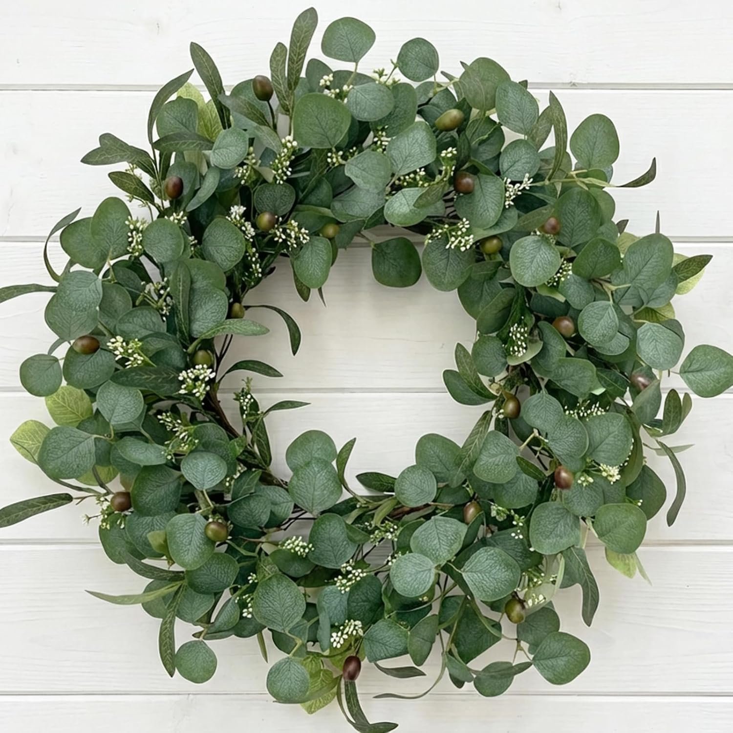 24 Inch Eucalyptus Wreath for Front Door, Large Artificial Greenery Wreaths with Olive Leaves and Berries, Farmhouse Spring Summer Decor for Porch, Wall, Window, All Season