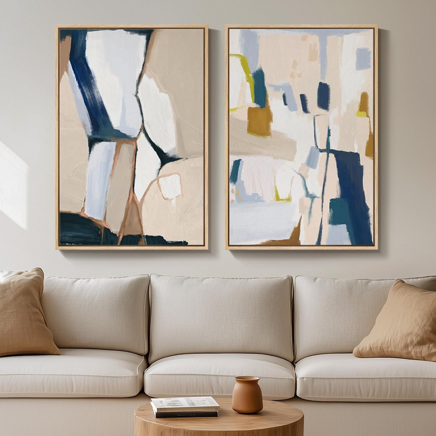 Large Framed Neutral Abstract Wall Art for Living Room, Set of 2 Bright Modern Canvas Prints Paintings Artwork for Walls, Colorful Abstract Pictures for Hallway Stair Bedroom Office Wall Decor 24×36 In