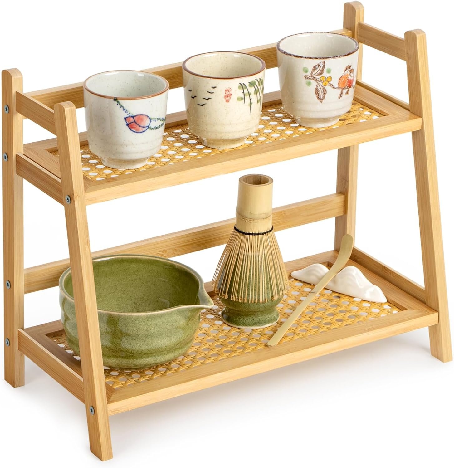 ANBOXIT Rattan-Look Matcha Station Organizer, Countertop Bamboo Tea & Coffee Accessories Station Organizer, 2 Tier Mug Holder Display Stand for Kitchen Condiment, Home, Office