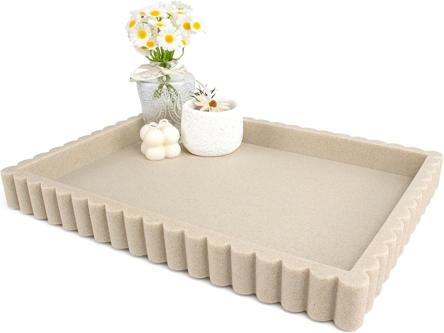 YMXYJM-Scalloped Coffee Table Tray，Ottoman Tray for Modern Home Decor. 14″ Decorative Tray for Entryway Table Decor, Living Room Table Decor, Coffee Table Centerpiece – Beige Resin