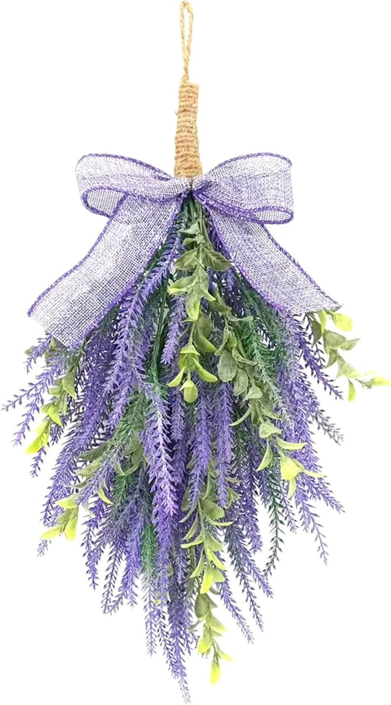 15.7inch Teardrop Artificial Lavender Swag with Eucalyptus Leaves Faux Floral Wreaths Decorated with Burlap Bow Faux Flowers Hanging Decoration for Front Door Porch Wall Window Decor