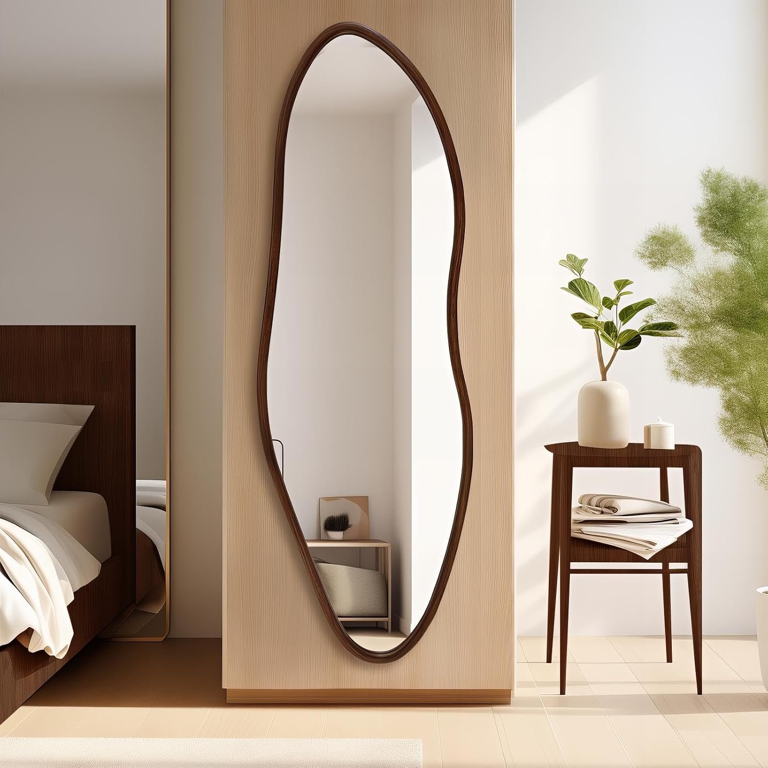 Irregular Full Length Mirror, 65″x22″ Wooden Farmhouse Full Body Mirror, Large Asymmetrical Wall Mirrors for Living Room Entryway, Horizontal/Vertical, Walnut